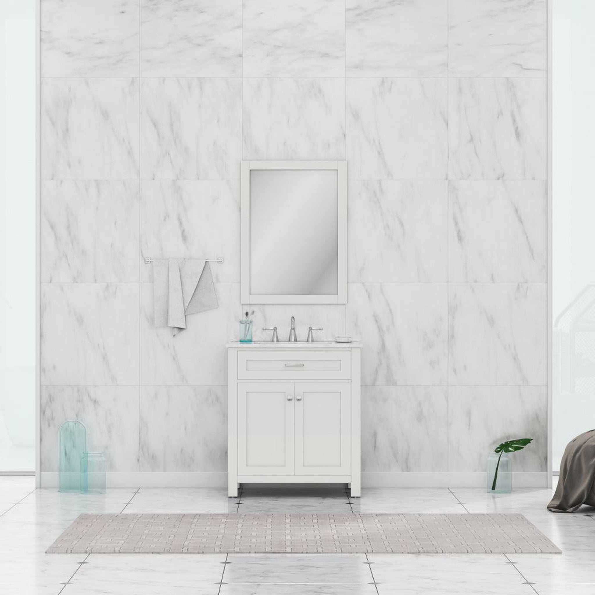 Alya Bath, Alya Bath Norwalk 30" Single White Freestanding  Bathroom Vanity With Carrara Marble Top, Ceramic Sink and Wall Mounted Mirror