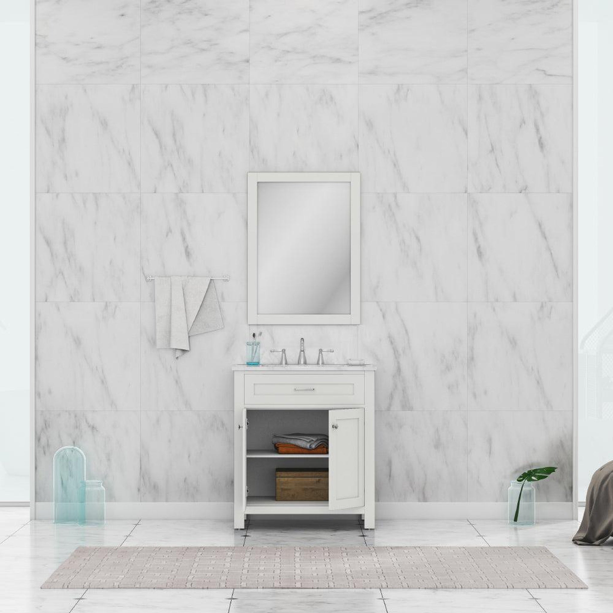 Alya Bath, Alya Bath Norwalk 30" Single White Freestanding  Bathroom Vanity With Carrara Marble Top, Ceramic Sink and Wall Mounted Mirror