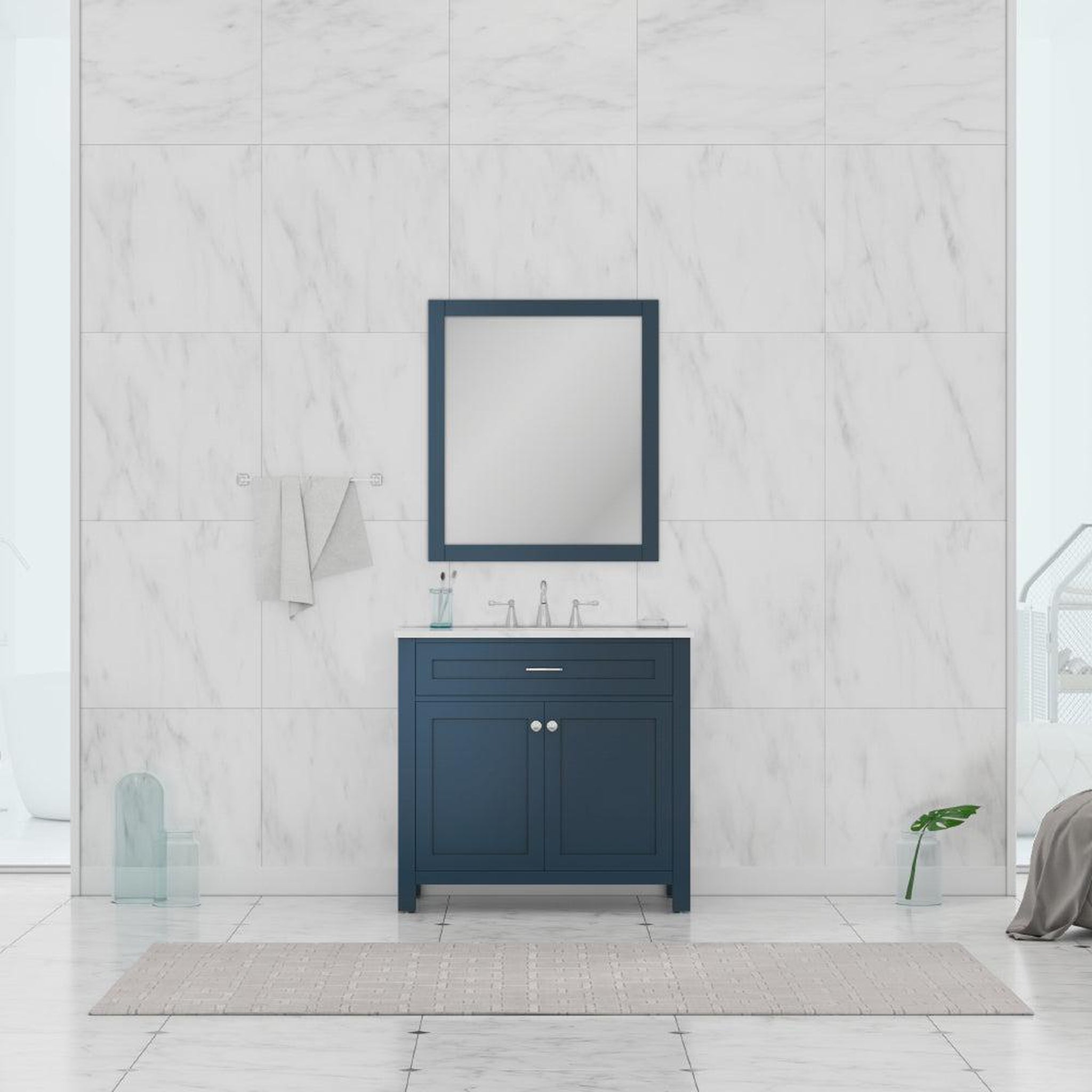 Alya Bath, Alya Bath Norwalk 36" Single Blue Freestanding  Bathroom Vanity With Carrara Marble Top, Ceramic Sink and Wall Mounted Mirror