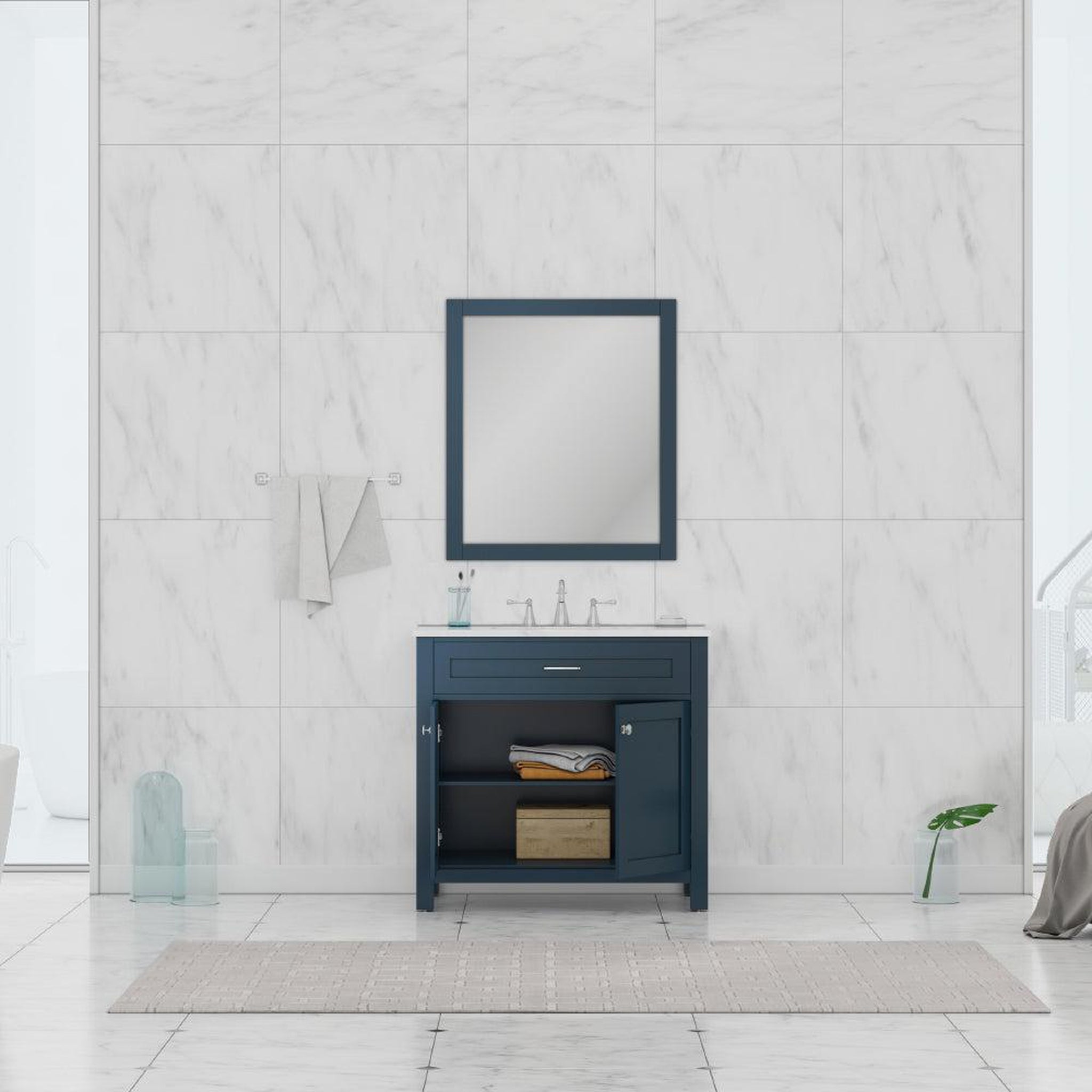 Alya Bath, Alya Bath Norwalk 36" Single Blue Freestanding  Bathroom Vanity With Carrara Marble Top, Ceramic Sink and Wall Mounted Mirror