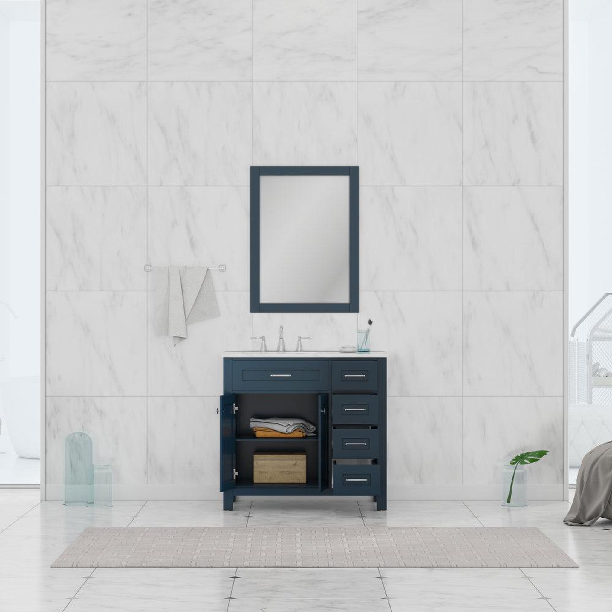 Alya Bath, Alya Bath Norwalk 36" Single Blue Freestanding Single Bathroom Vanity With Drawers, Carrara Marble Top and Ceramic Sink and Wall Mounted Mirror