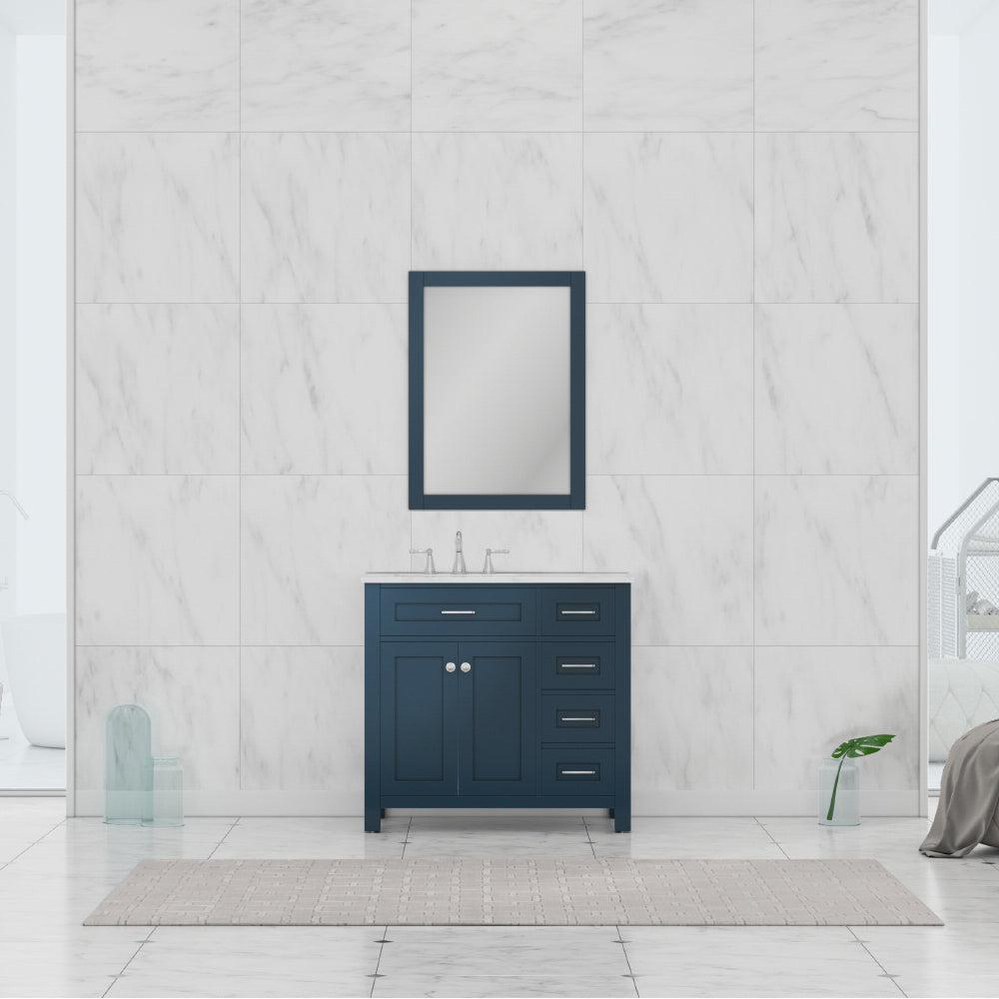 Alya Bath, Alya Bath Norwalk 36" Single Blue Freestanding Single Bathroom Vanity With Drawers, Carrara Marble Top and Ceramic Sink and Wall Mounted Mirror