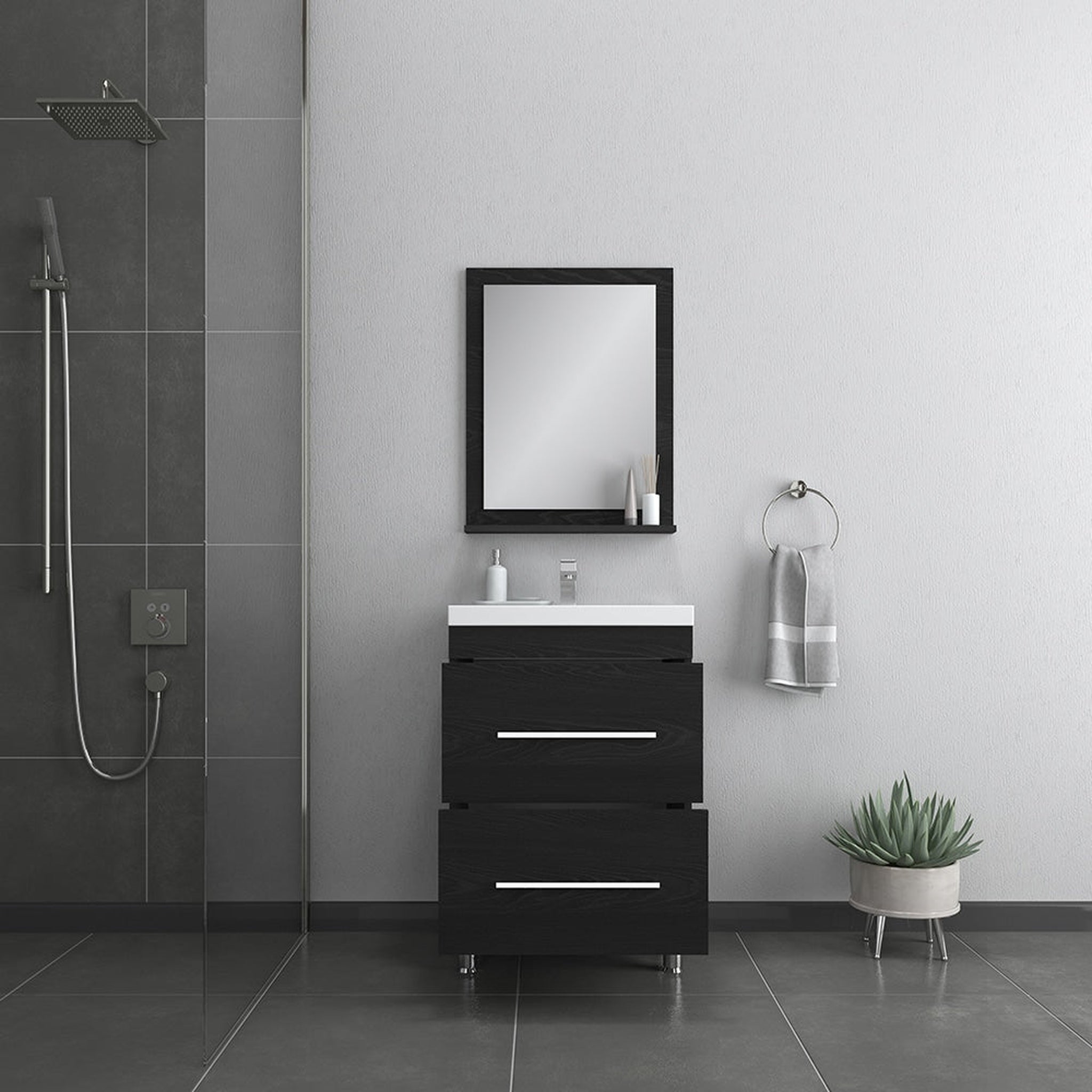 Alya Bath, Alya Bath Ripley  24"  Single Black Modern Freestanding  Bathroom Vanity With Integrated Acrylic Top, Acrylic Sink and Wall Mounted Mirror