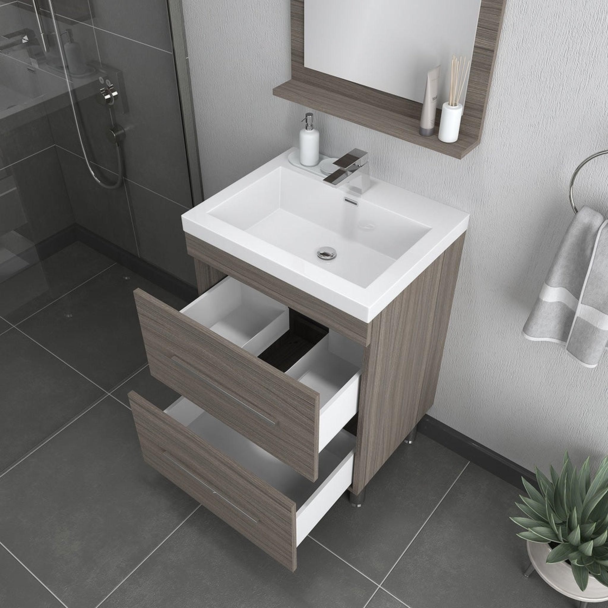 Alya Bath, Alya Bath Ripley  24" Single Gray Modern Freestanding  Bathroom Vanity With Integrated Acrylic Top, Acrylic Sink and Wall Mounted Mirror