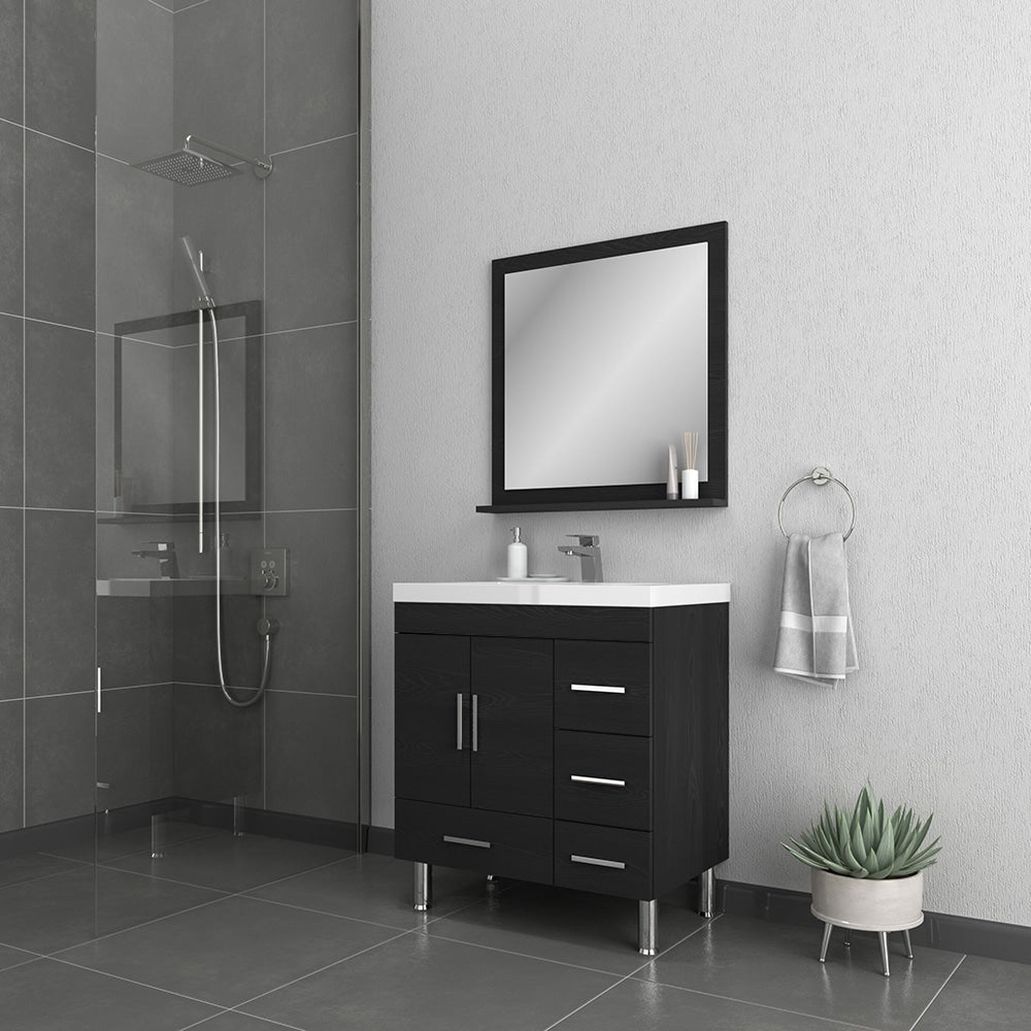 Alya Bath, Alya Bath Ripley  30" Single Black Modern Freestanding  Bathroom Vanity With drawers, Integrated Acrylic Top, Acrylic Sink and Wall Mounted Mirror