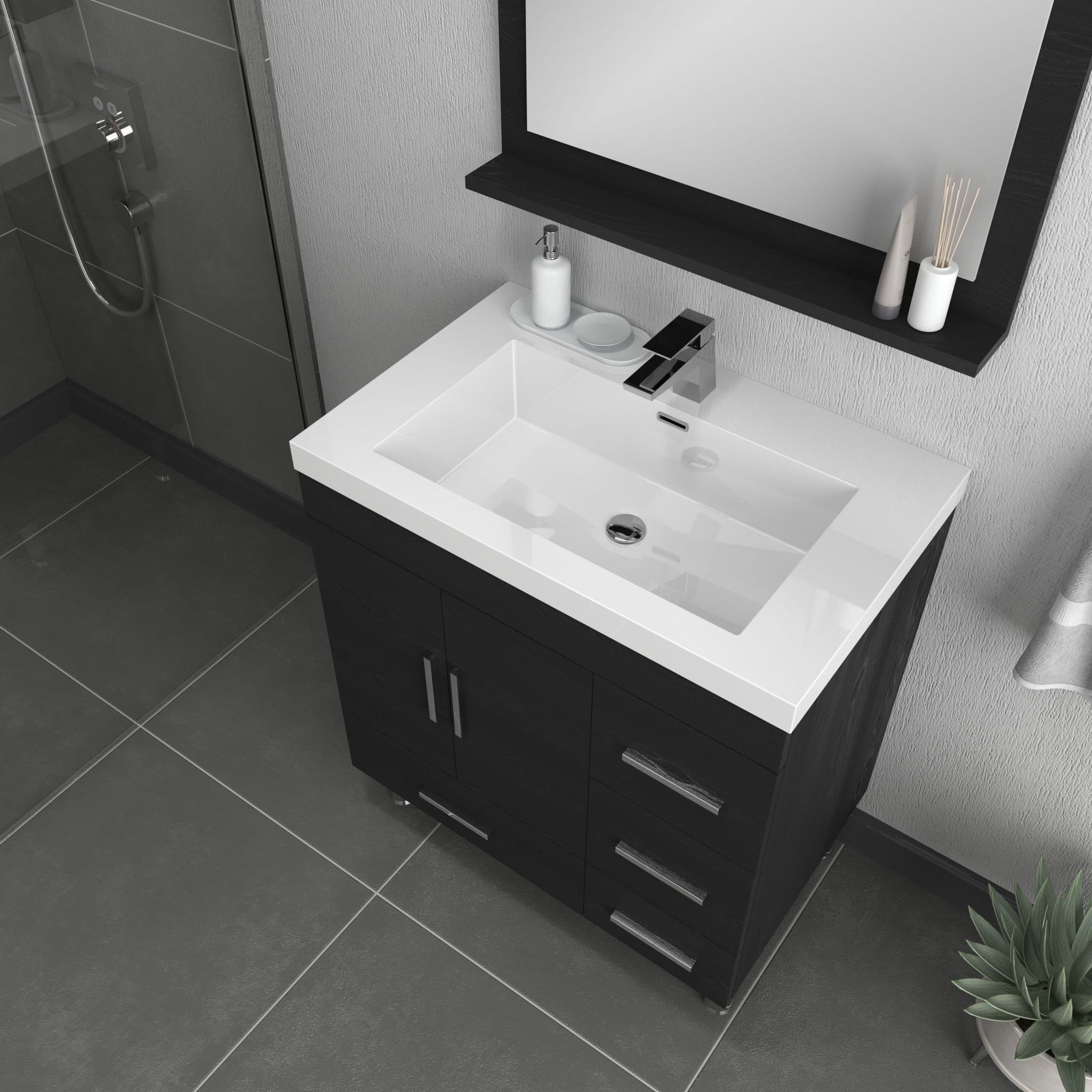 Alya Bath, Alya Bath Ripley  30" Single Black Modern Freestanding  Bathroom Vanity With drawers, Integrated Acrylic Top, Acrylic Sink and Wall Mounted Mirror