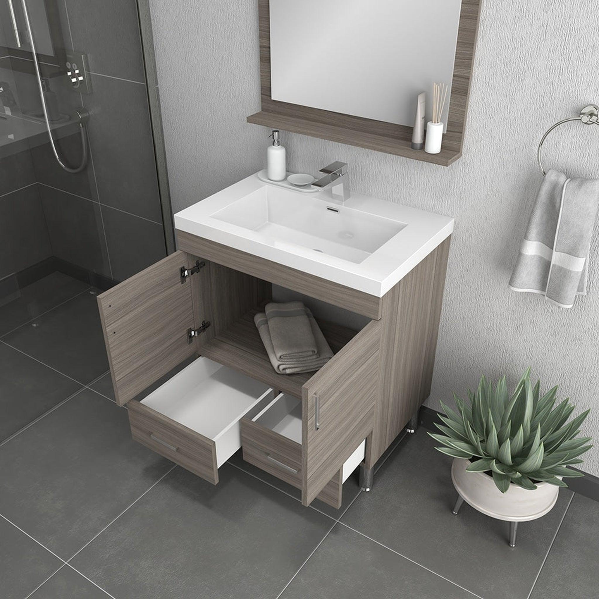 Alya Bath, Alya Bath Ripley  30" Single Gray Modern Freestanding  Bathroom Vanity With Integrated Acrylic Top, Acrylic Sink and Wall Mounted Mirror