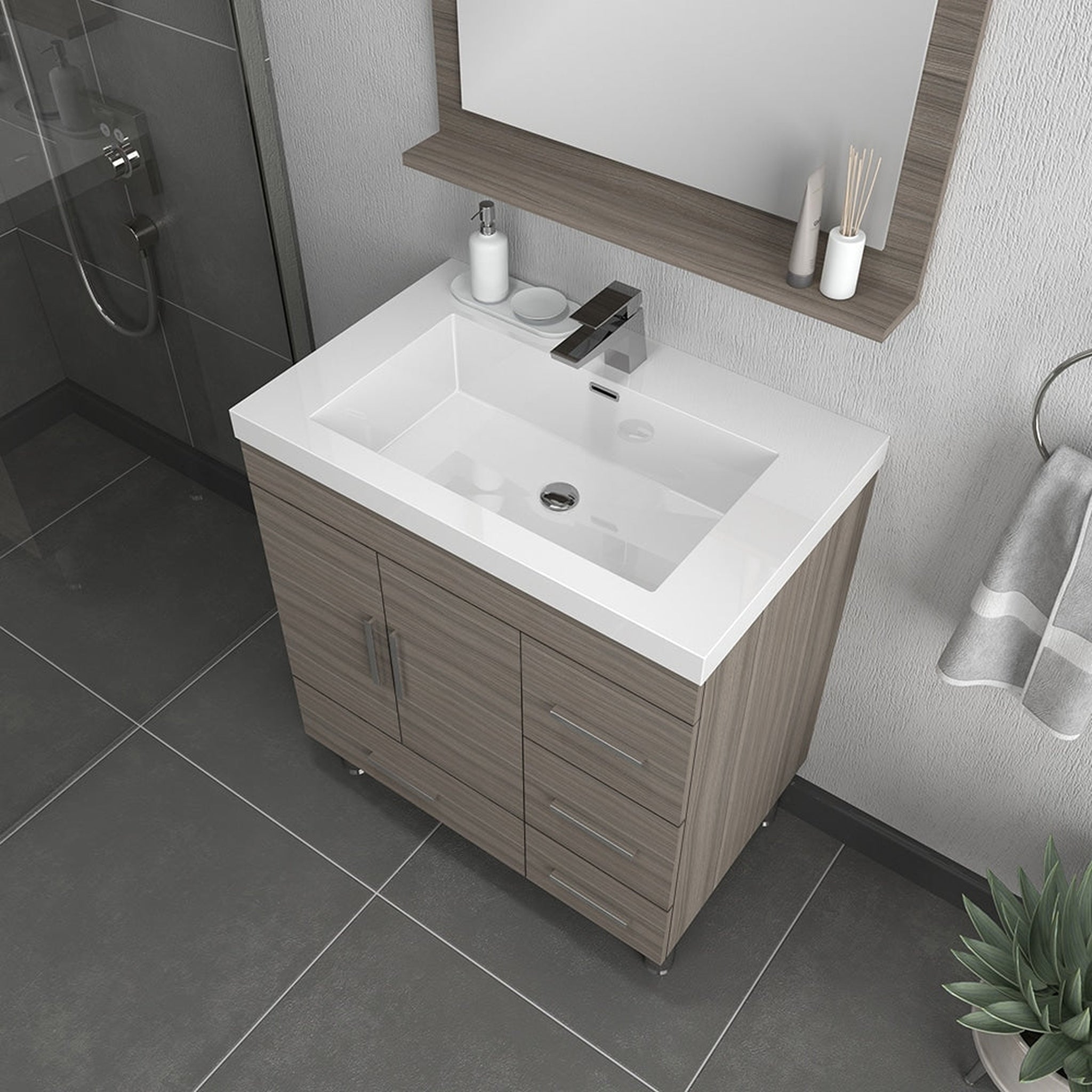 Alya Bath, Alya Bath Ripley  30" Single Gray Modern Freestanding  Bathroom Vanity With drawers, Integrated Acrylic Top, Acrylic Sink and Wall Mounted Mirror