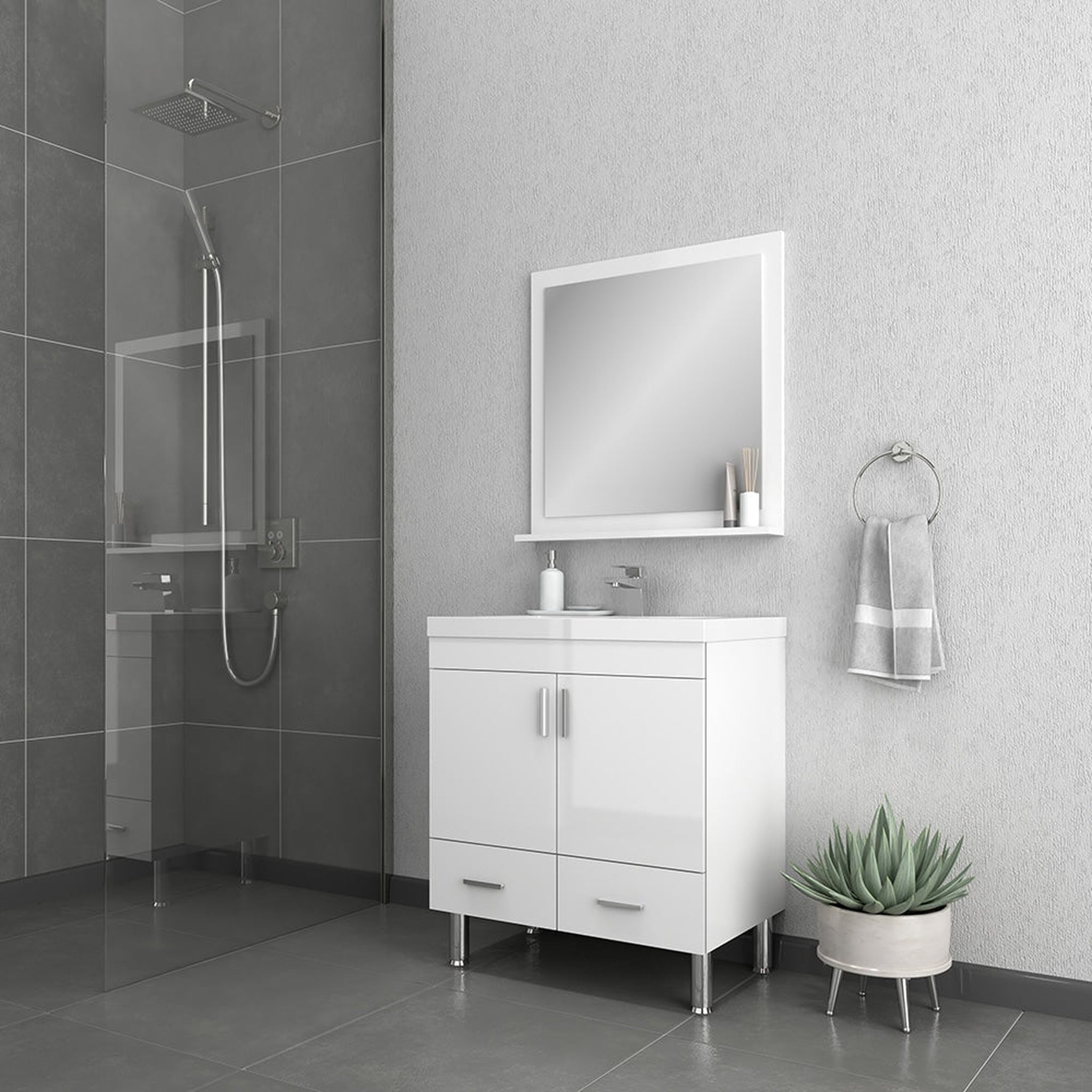 Alya Bath, Alya Bath Ripley  30" Single White Modern Freestanding  Bathroom Vanity With Integrated Acrylic Top, Acrylic Sink and Wall Mounted Mirror