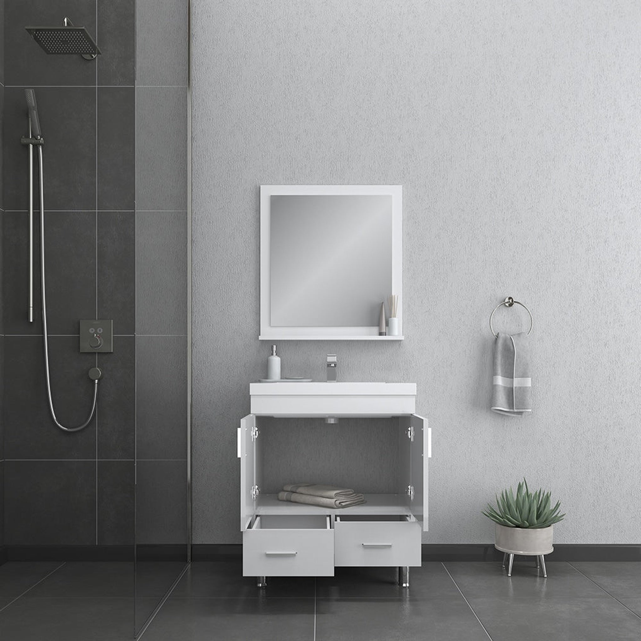 Alya Bath, Alya Bath Ripley  30" Single White Modern Freestanding  Bathroom Vanity With Integrated Acrylic Top, Acrylic Sink and Wall Mounted Mirror