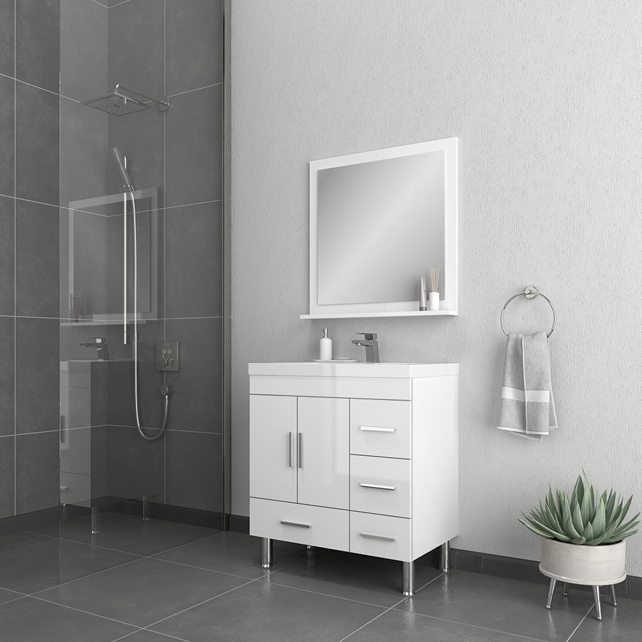 Alya Bath, Alya Bath Ripley  30" Single White Modern Freestanding  Bathroom Vanity With drawers, Integrated Acrylic Top, Acrylic Sink and Wall Mounted Mirror