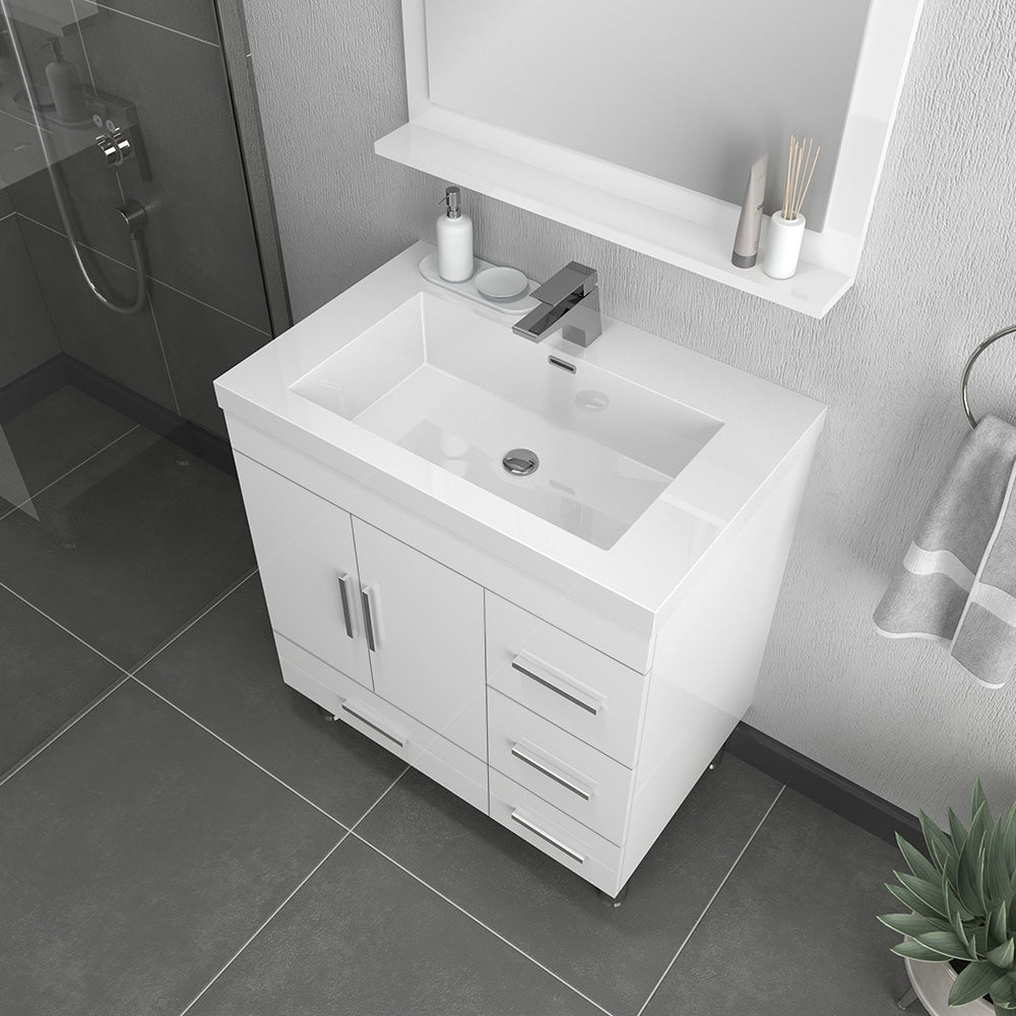 Alya Bath, Alya Bath Ripley  30" Single White Modern Freestanding  Bathroom Vanity With drawers, Integrated Acrylic Top, Acrylic Sink and Wall Mounted Mirror