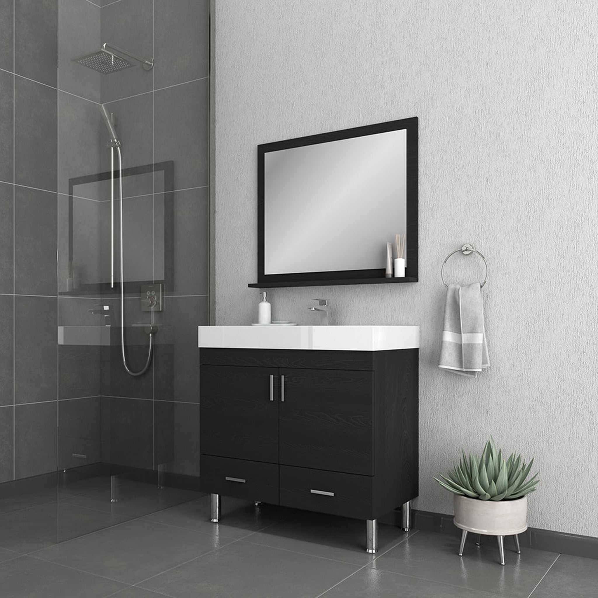 Alya Bath, Alya Bath Ripley  36" Single Black Modern Freestanding  Bathroom Vanity With Integrated Acrylic Top, Acrylic Sink and Wall Mounted Mirror