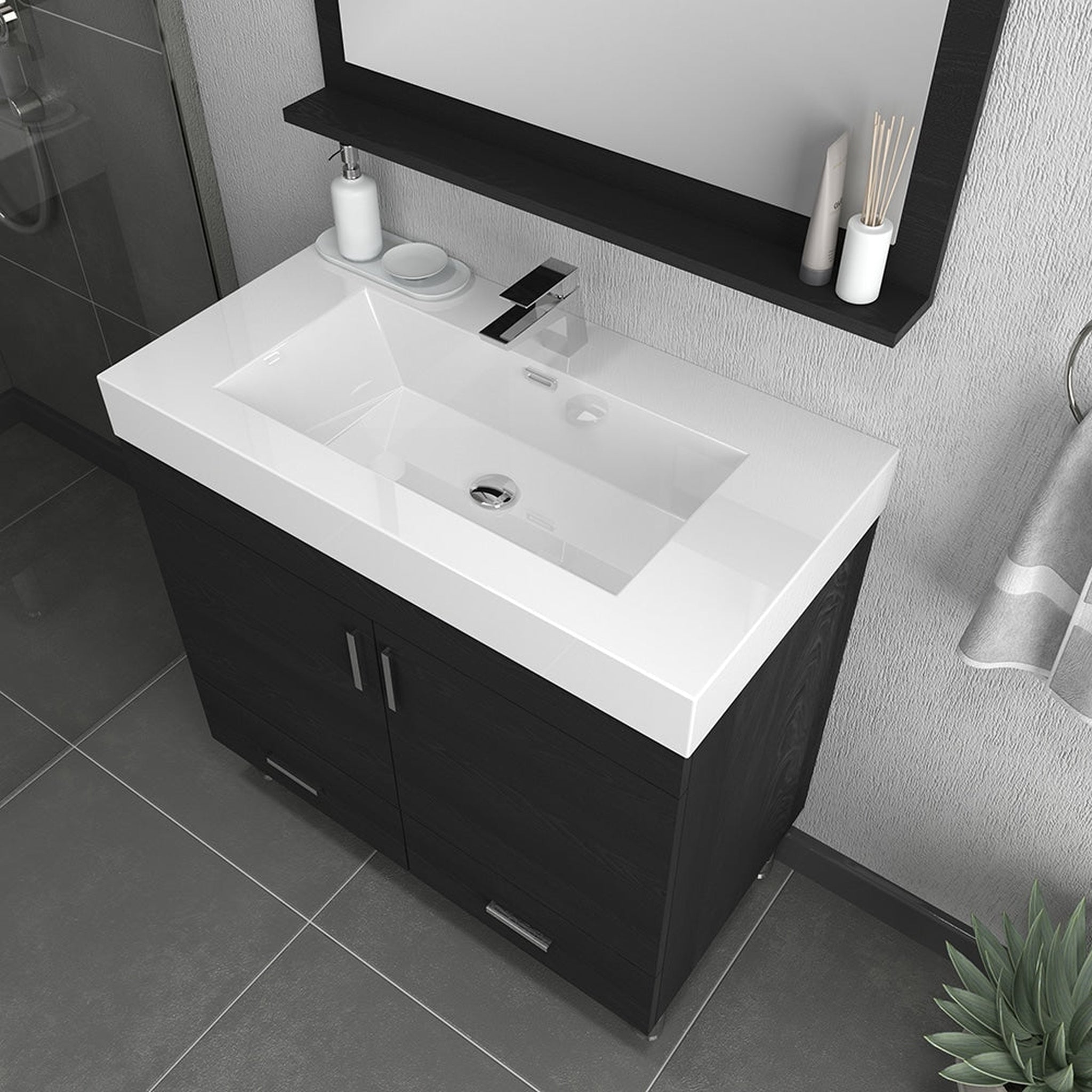 Alya Bath, Alya Bath Ripley  36" Single Black Modern Freestanding  Bathroom Vanity With Integrated Acrylic Top, Acrylic Sink and Wall Mounted Mirror