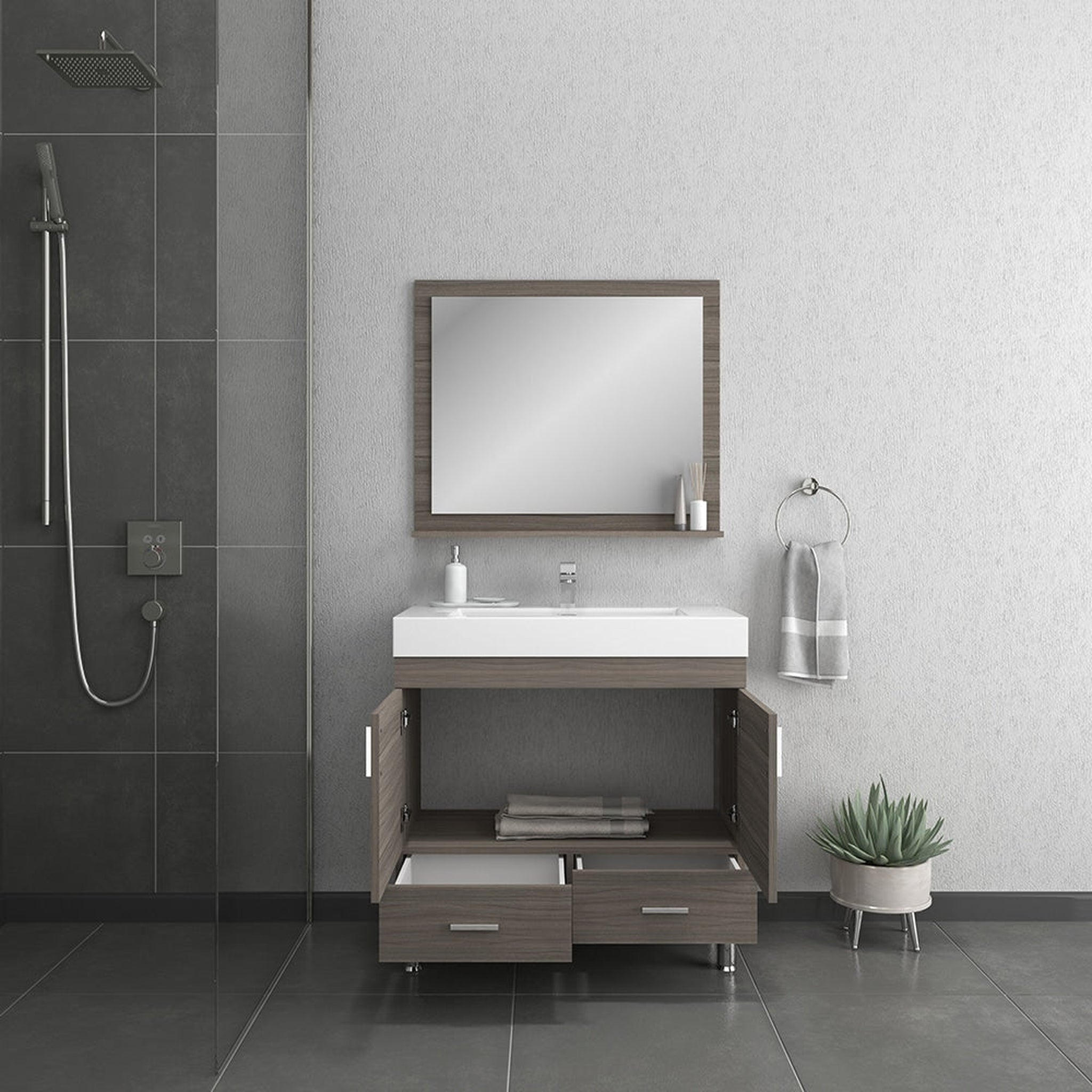 Alya Bath, Alya Bath Ripley  36" Single Gray Modern Freestanding  Bathroom Vanity With Integrated Acrylic Top, Acrylic Sink and Wall Mounted Mirror