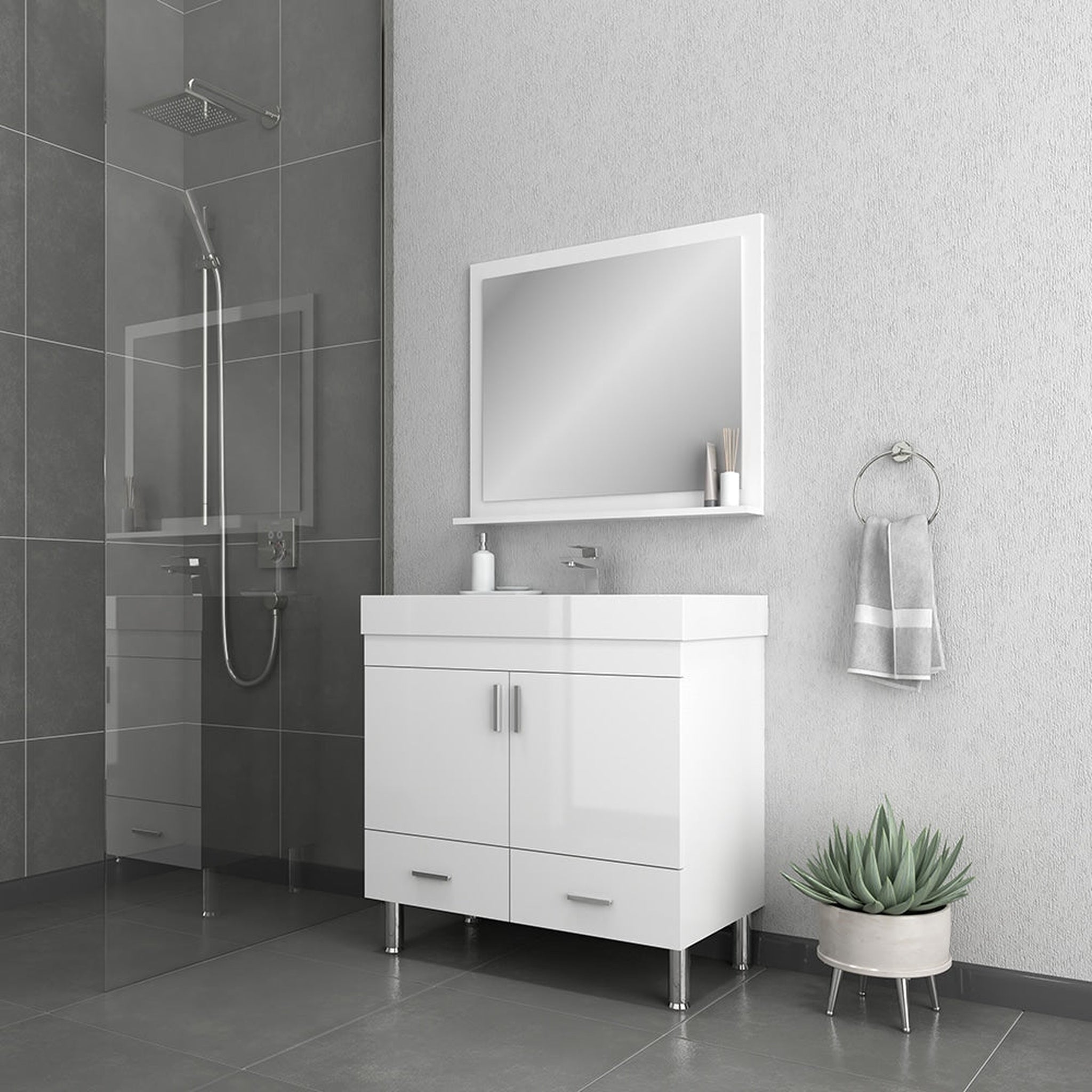 Alya Bath, Alya Bath Ripley  36"  Single White Modern Modern Freestanding Bathroom Vanity With Integrated Acrylic Top, Acrylic Sink and Wall Mounted Mirror