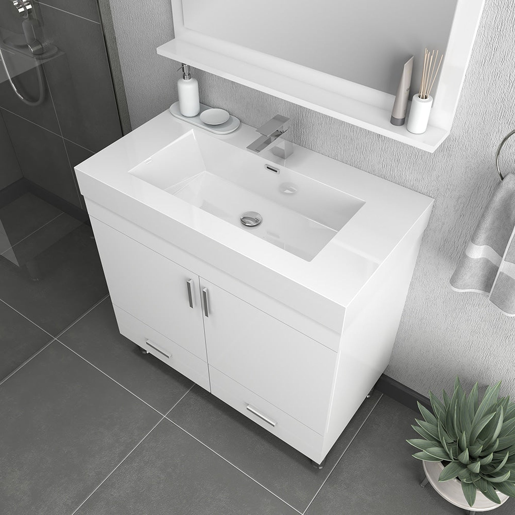 Alya Bath, Alya Bath Ripley  36"  Single White Modern Modern Freestanding Bathroom Vanity With Integrated Acrylic Top, Acrylic Sink and Wall Mounted Mirror