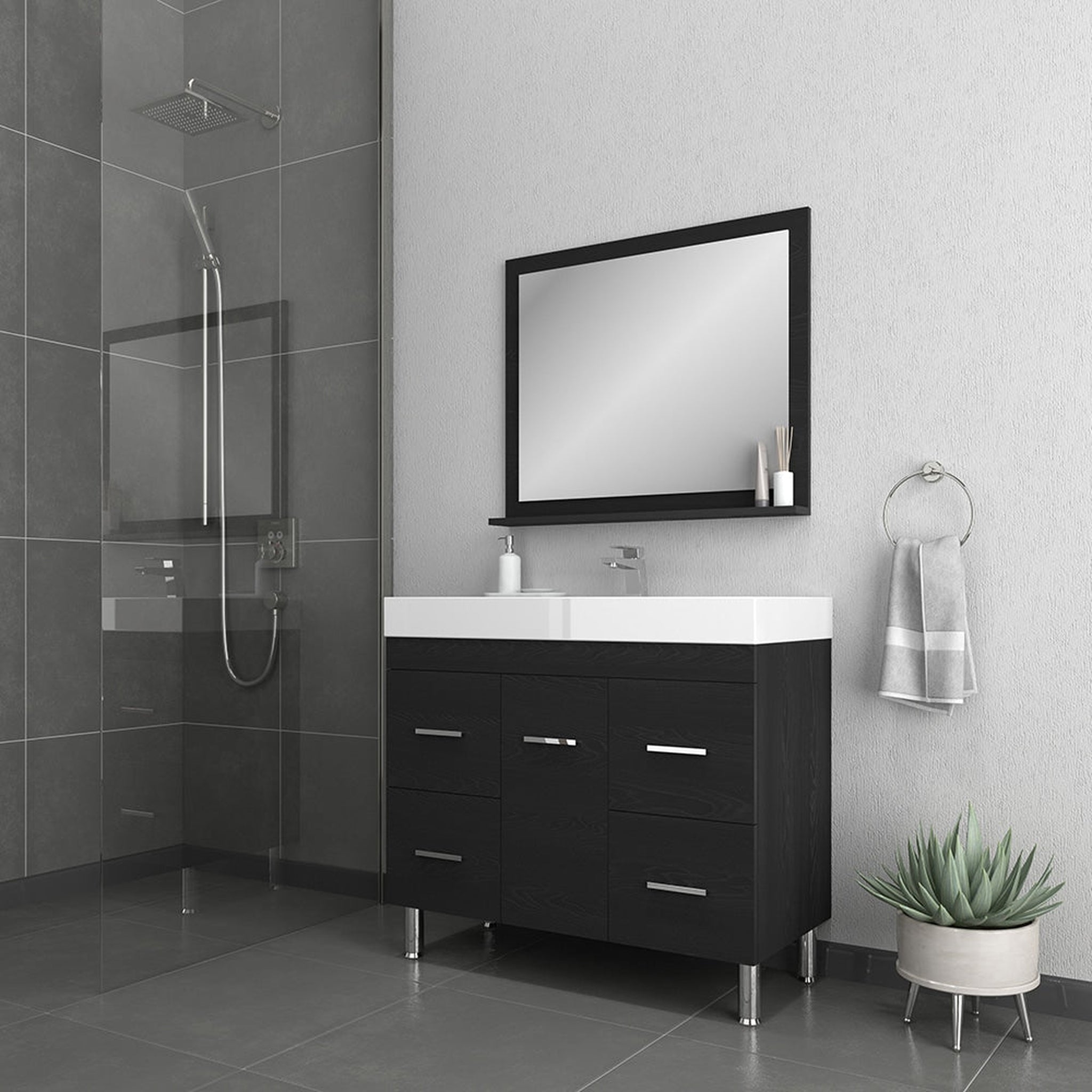 Alya Bath, Alya Bath Ripley  39" Single Black Modern Freestanding  Bathroom Vanity With Integrated Acrylic Top, Acrylic Sink and Wall Mounted Mirror