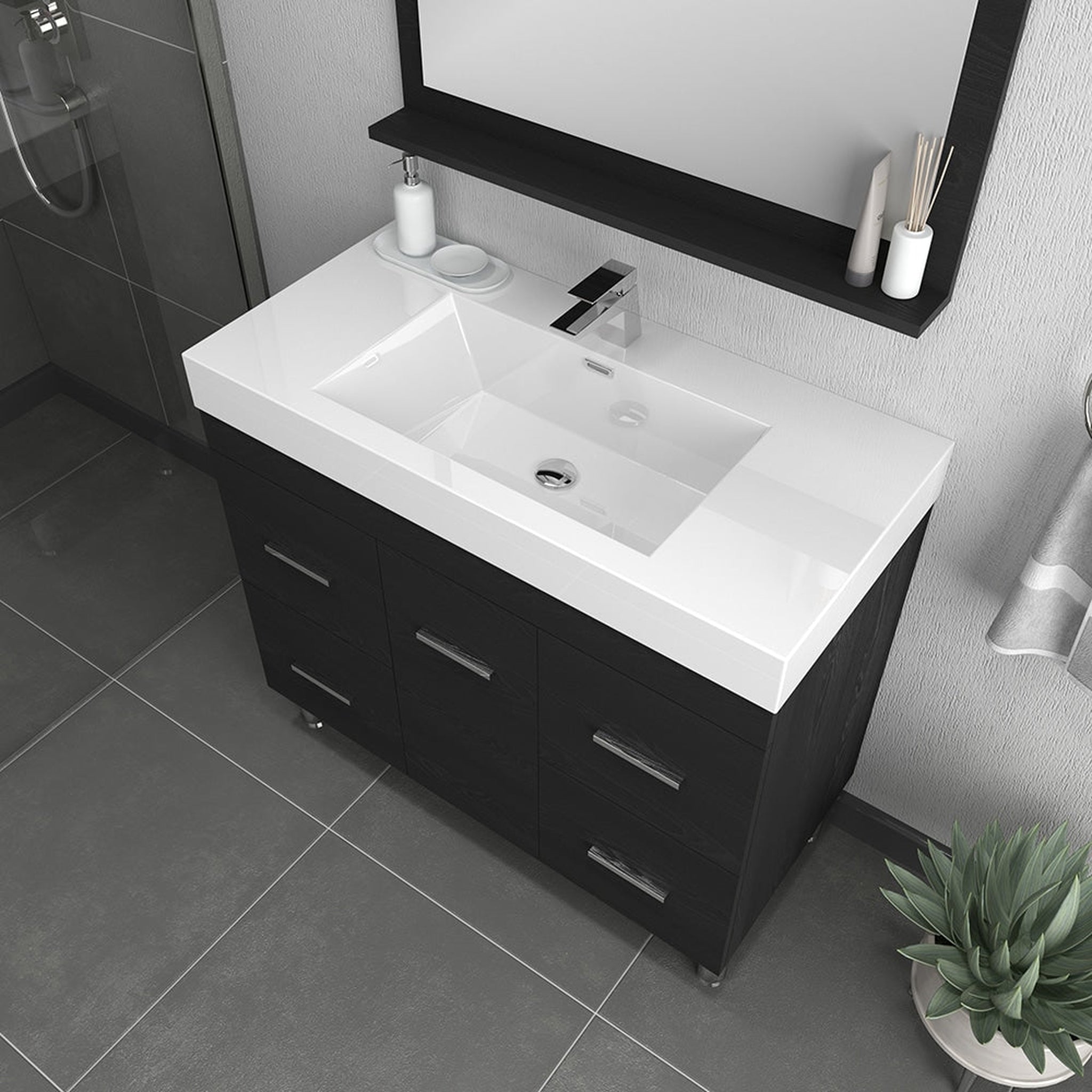 Alya Bath, Alya Bath Ripley  39" Single Black Modern Freestanding  Bathroom Vanity With Integrated Acrylic Top, Acrylic Sink and Wall Mounted Mirror