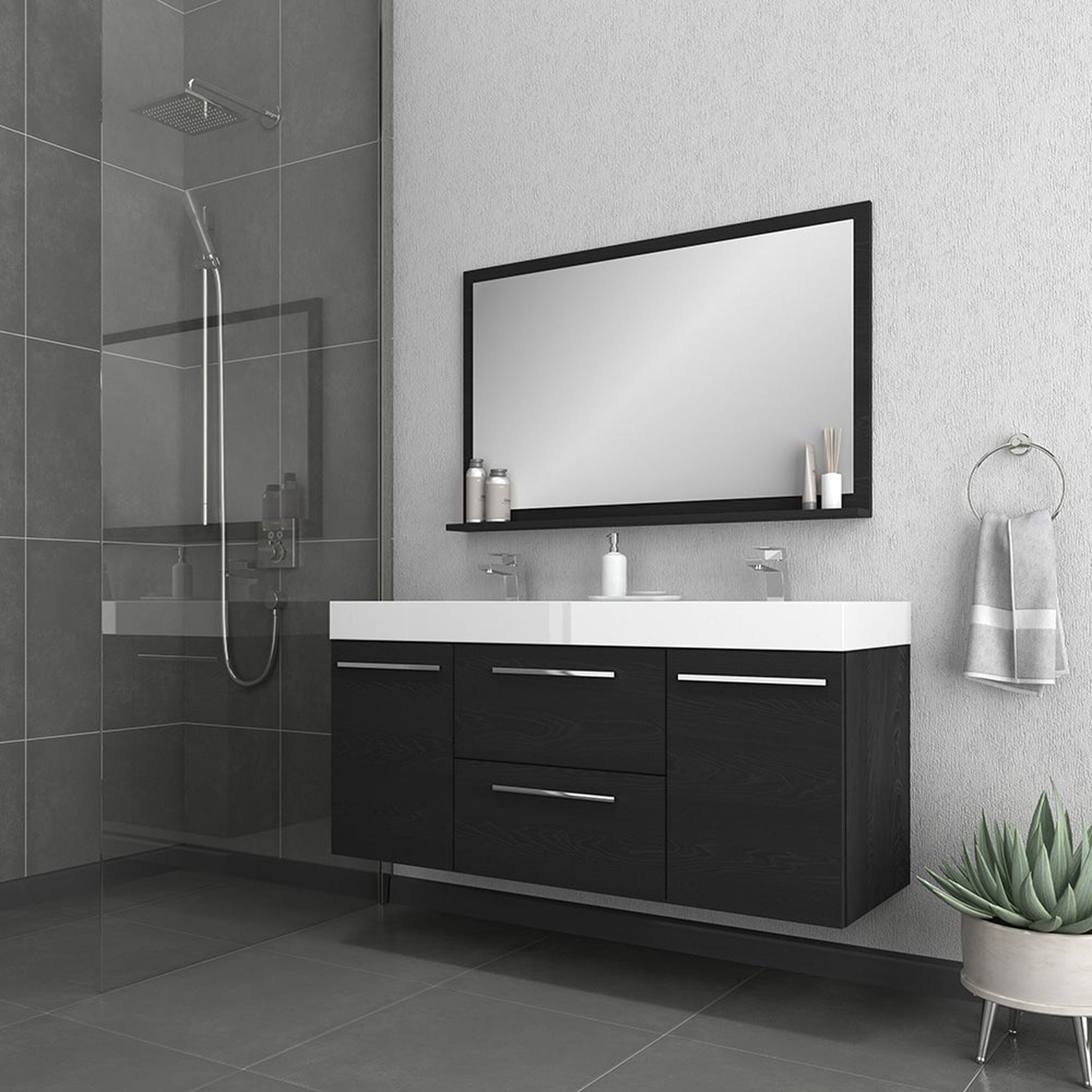 Alya Bath, Alya Bath Ripley  54"  Double Black Modern Wall Mounted  Bathroom Vanity With Integrated Acrylic Top, Acrylic Sink and Wall Mounted Mirror