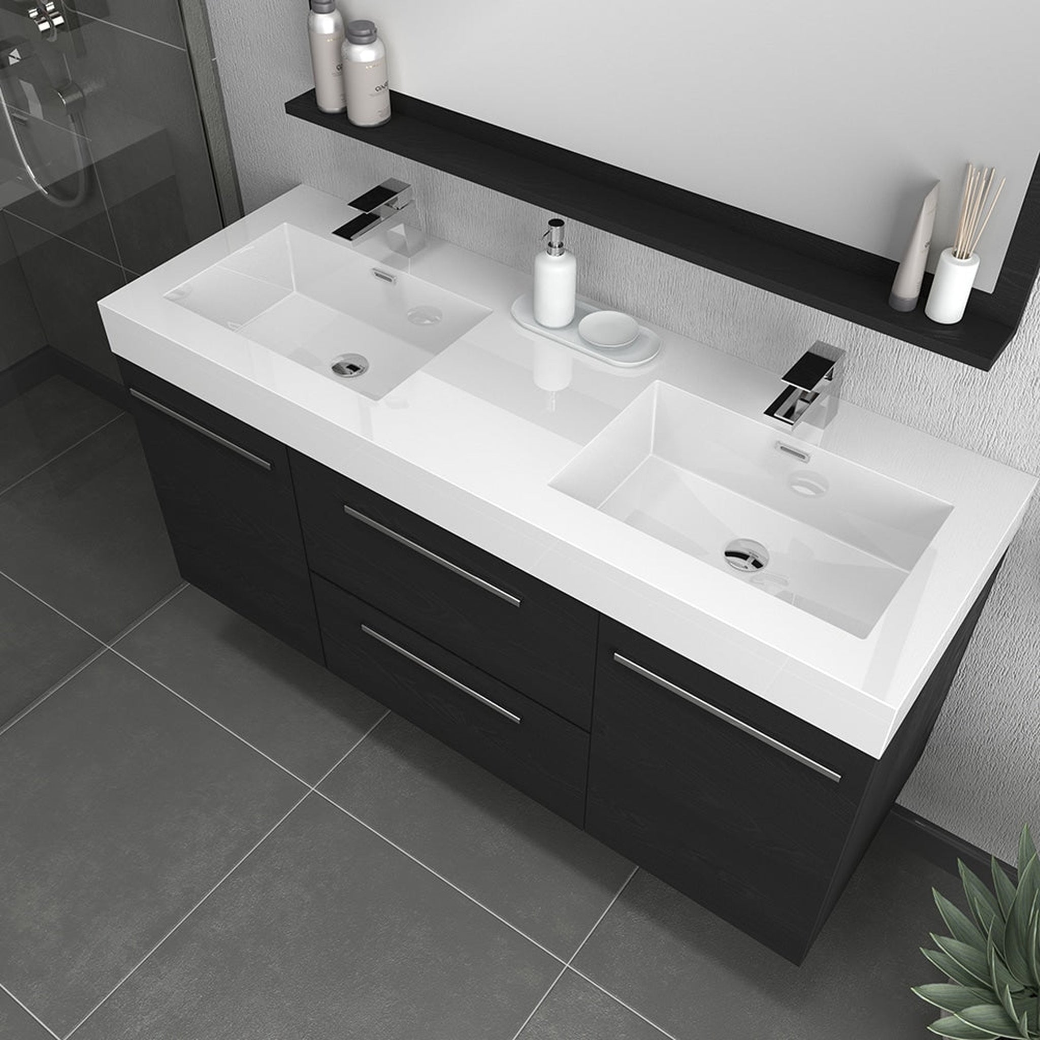 Alya Bath, Alya Bath Ripley  54"  Double Black Modern Wall Mounted  Bathroom Vanity With Integrated Acrylic Top, Acrylic Sink and Wall Mounted Mirror