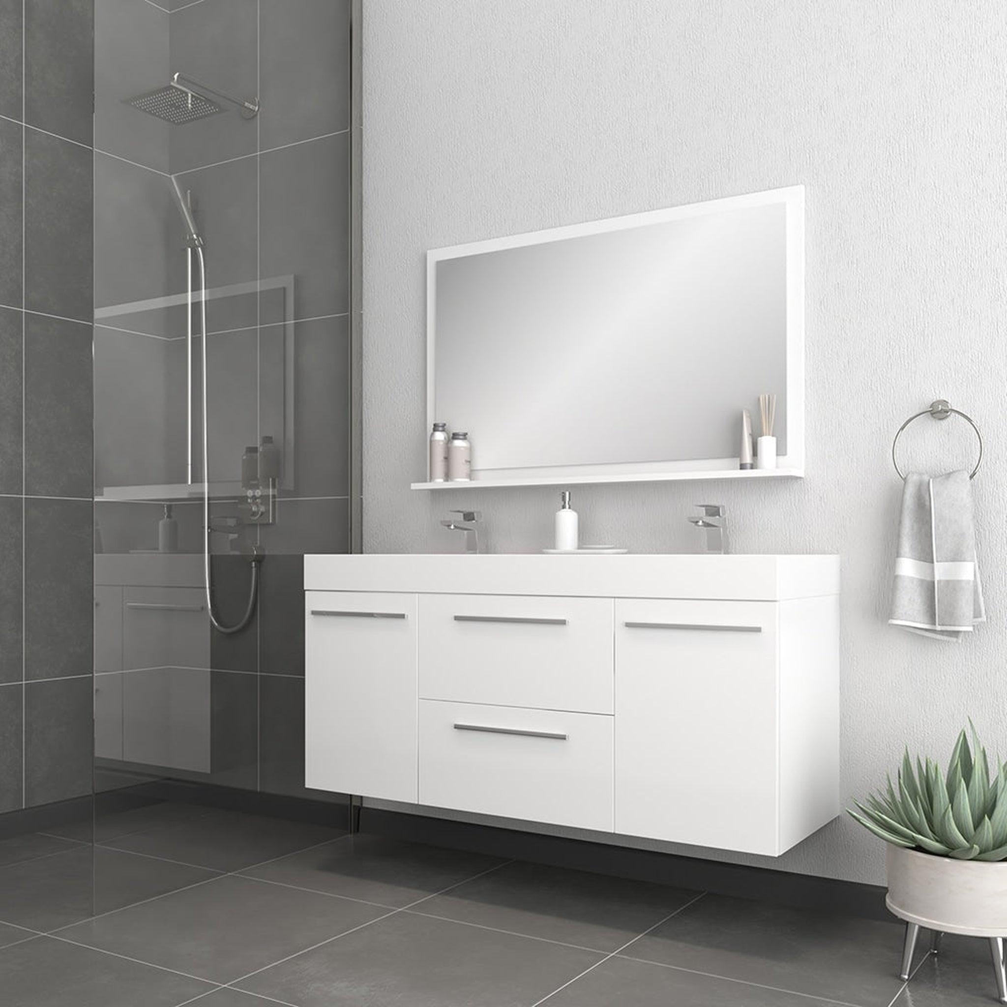 Alya Bath, Alya Bath Ripley  54" Double White Modern Wall Mounted  Bathroom Vanity With Integrated Acrylic Top, Acrylic Sink and Wall Mounted Mirror