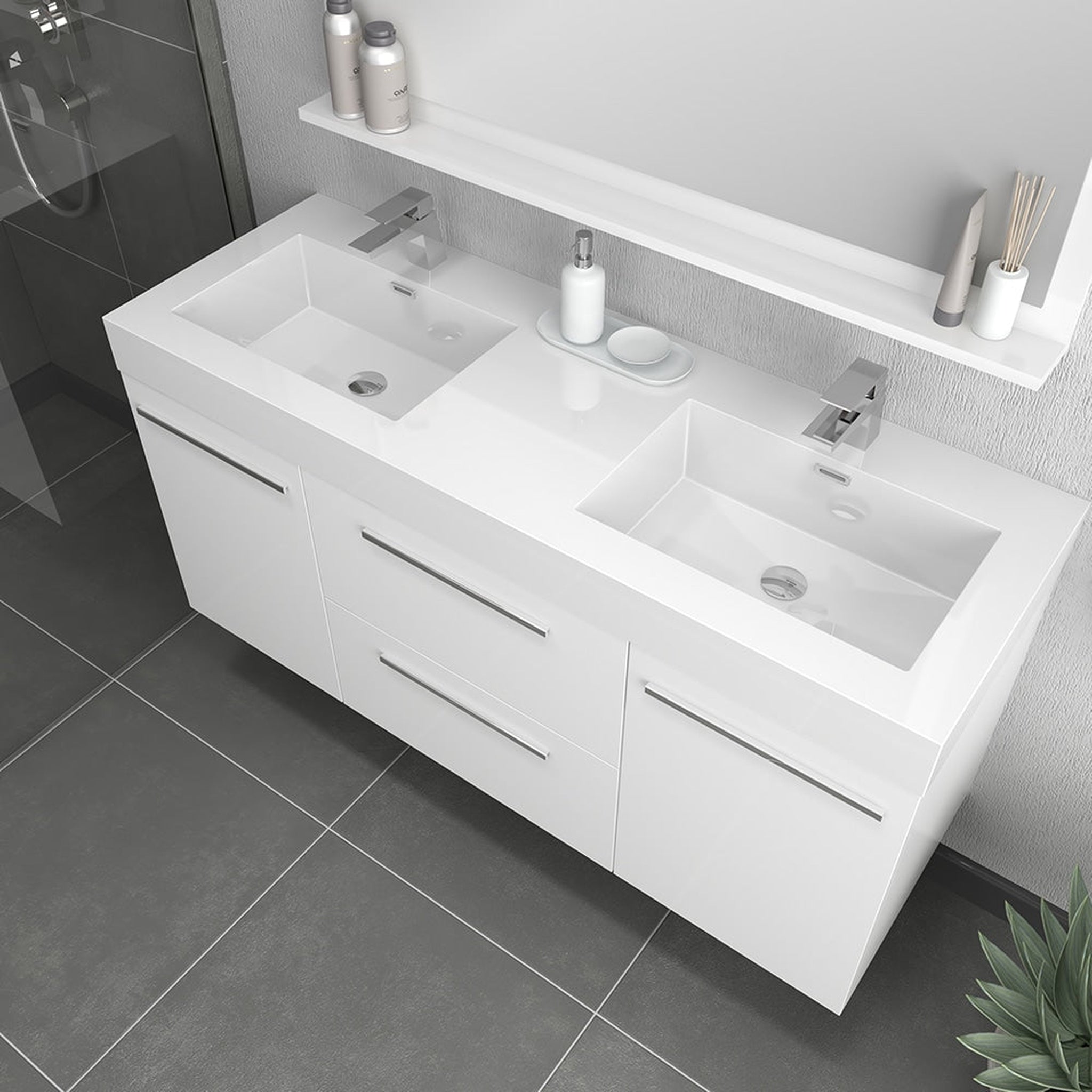 Alya Bath, Alya Bath Ripley  54" Double White Modern Wall Mounted  Bathroom Vanity With Integrated Acrylic Top, Acrylic Sink and Wall Mounted Mirror