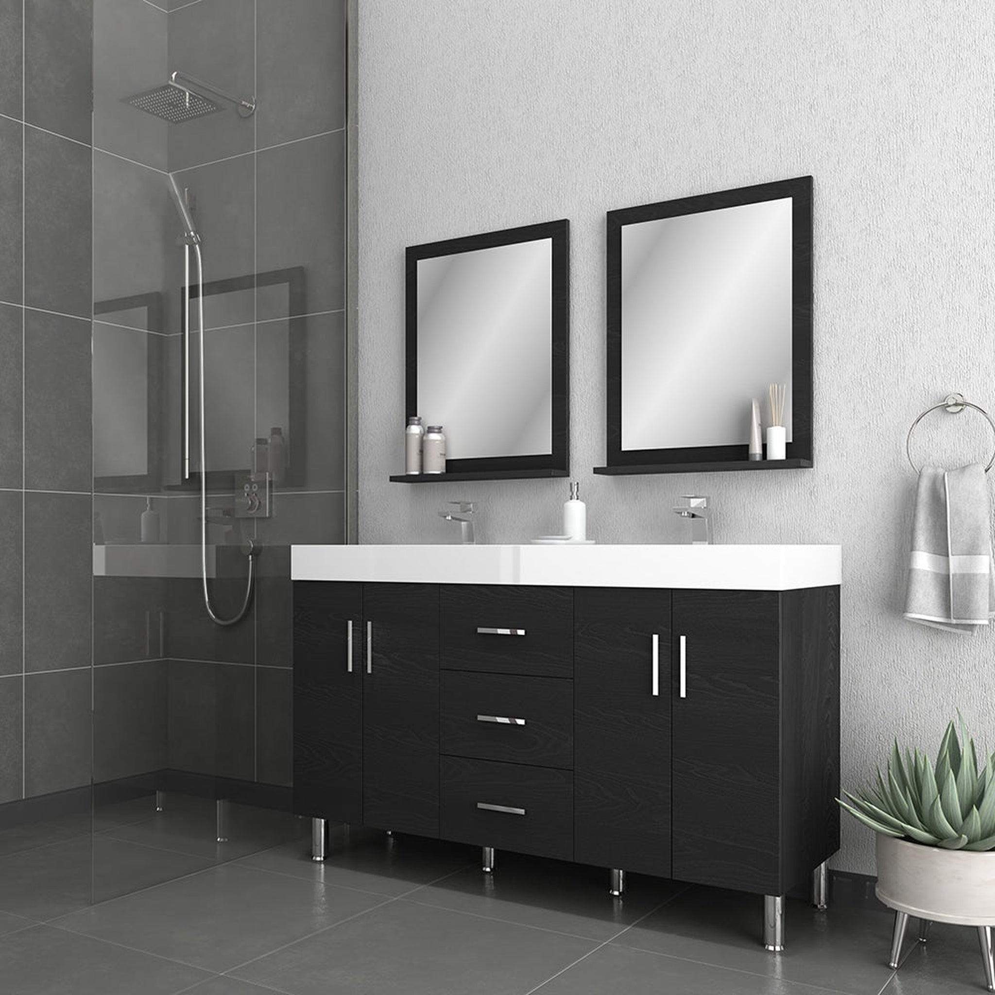 Alya Bath, Alya Bath Ripley  56" Double Black Modern Freestanding  Bathroom Vanity With Integrated Acrylic Top, Acrylic Sink and Wall Mounted Mirror