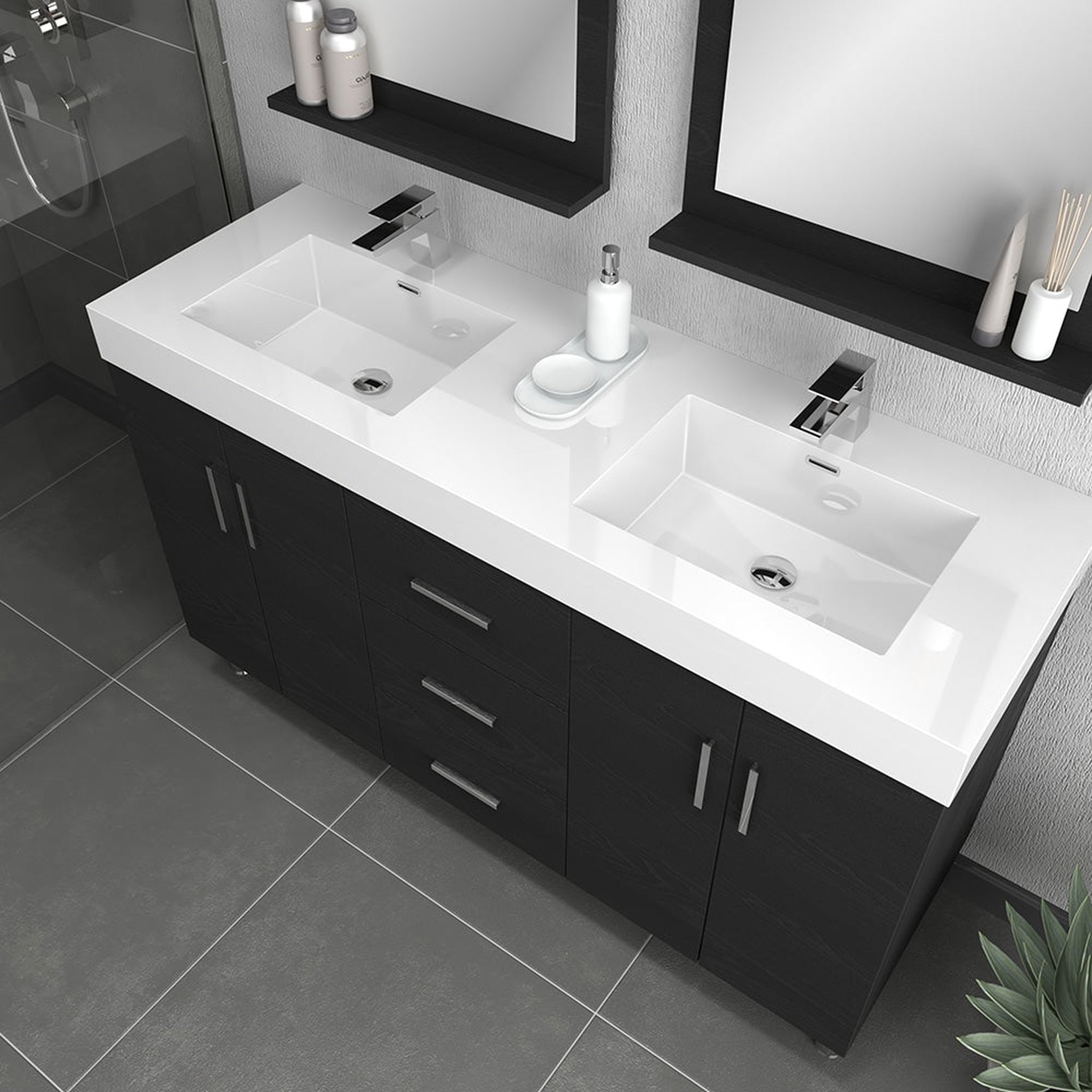 Alya Bath, Alya Bath Ripley  56" Double Black Modern Freestanding  Bathroom Vanity With Integrated Acrylic Top, Acrylic Sink and Wall Mounted Mirror