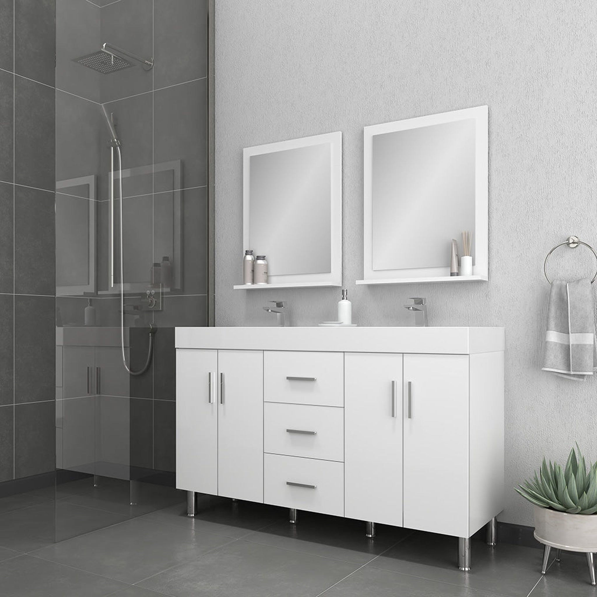 Alya Bath, Alya Bath Ripley  56" Double  White Modern Freestanding Double Bathroom Vanity With Integrated Acrylic Top, Acrylic Sink and Wall Mounted Mirror