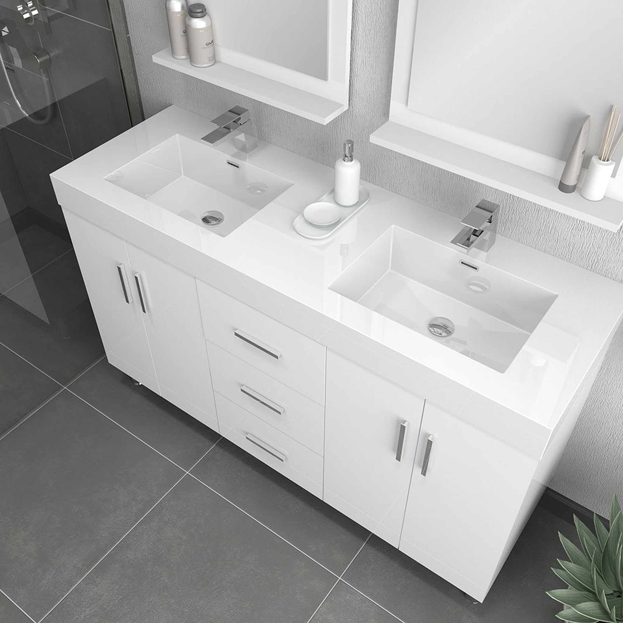 Alya Bath, Alya Bath Ripley  56" Double  White Modern Freestanding Double Bathroom Vanity With Integrated Acrylic Top, Acrylic Sink and Wall Mounted Mirror