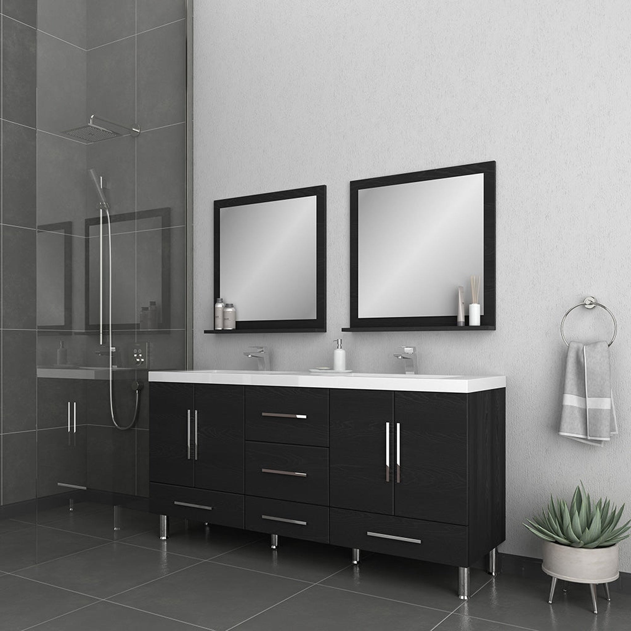 Alya Bath, Alya Bath Ripley  67" Double Black Modern Freestanding  Bathroom Vanity With Integrated Acrylic Top, Acrylic Sink and Wall Mounted Mirror