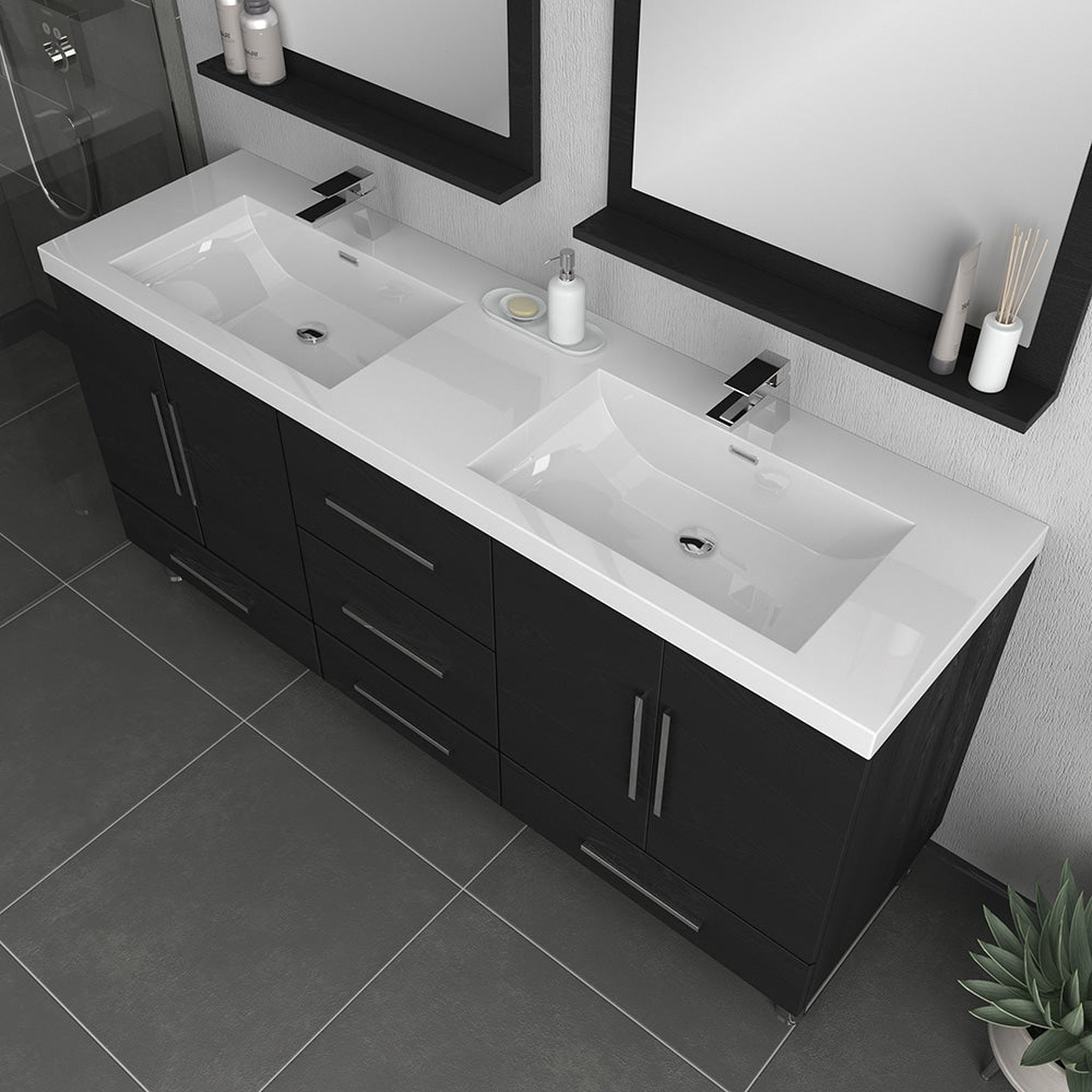 Alya Bath, Alya Bath Ripley  67" Double Black Modern Freestanding  Bathroom Vanity With Integrated Acrylic Top, Acrylic Sink and Wall Mounted Mirror