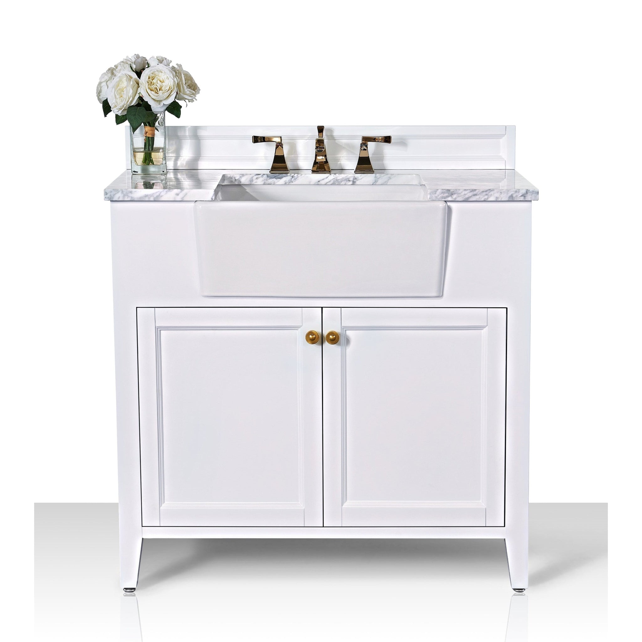 Ancerre Designs, Ancerre Designs Adeline 36" White 2-Door Bathroom Vanity With White Marble Vanity Top, White Farmhouse Single Ceramic Sink, 4" Solid Wood Backsplash and Satin Brushed Gold Hardware