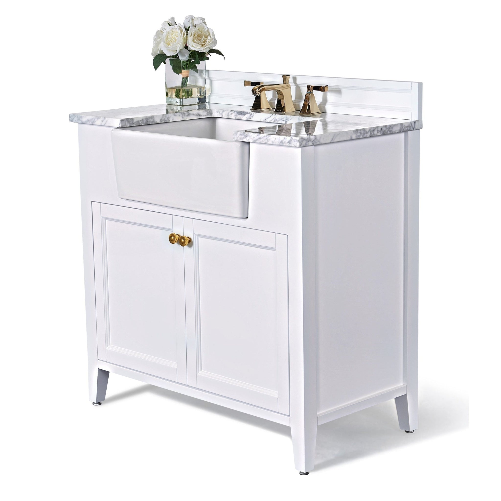 Ancerre Designs, Ancerre Designs Adeline 36" White 2-Door Bathroom Vanity With White Marble Vanity Top, White Farmhouse Single Ceramic Sink, 4" Solid Wood Backsplash and Satin Brushed Gold Hardware