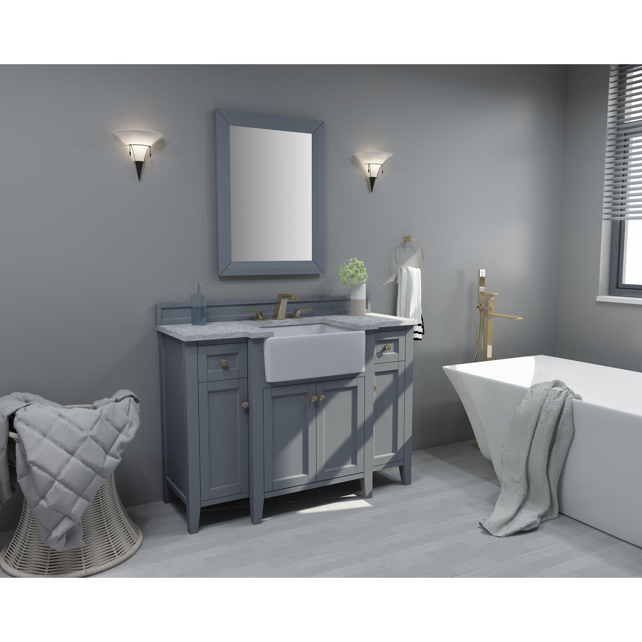 Ancerre Designs, Ancerre Designs Adeline 48" Sapphire Gray 4-Door 2-Drawer Bathroom Vanity With White Marble Vanity Top, White Farmhouse Single Ceramic Sink, 4" Solid Wood Backsplash and Satin Brushed Gold Hardware