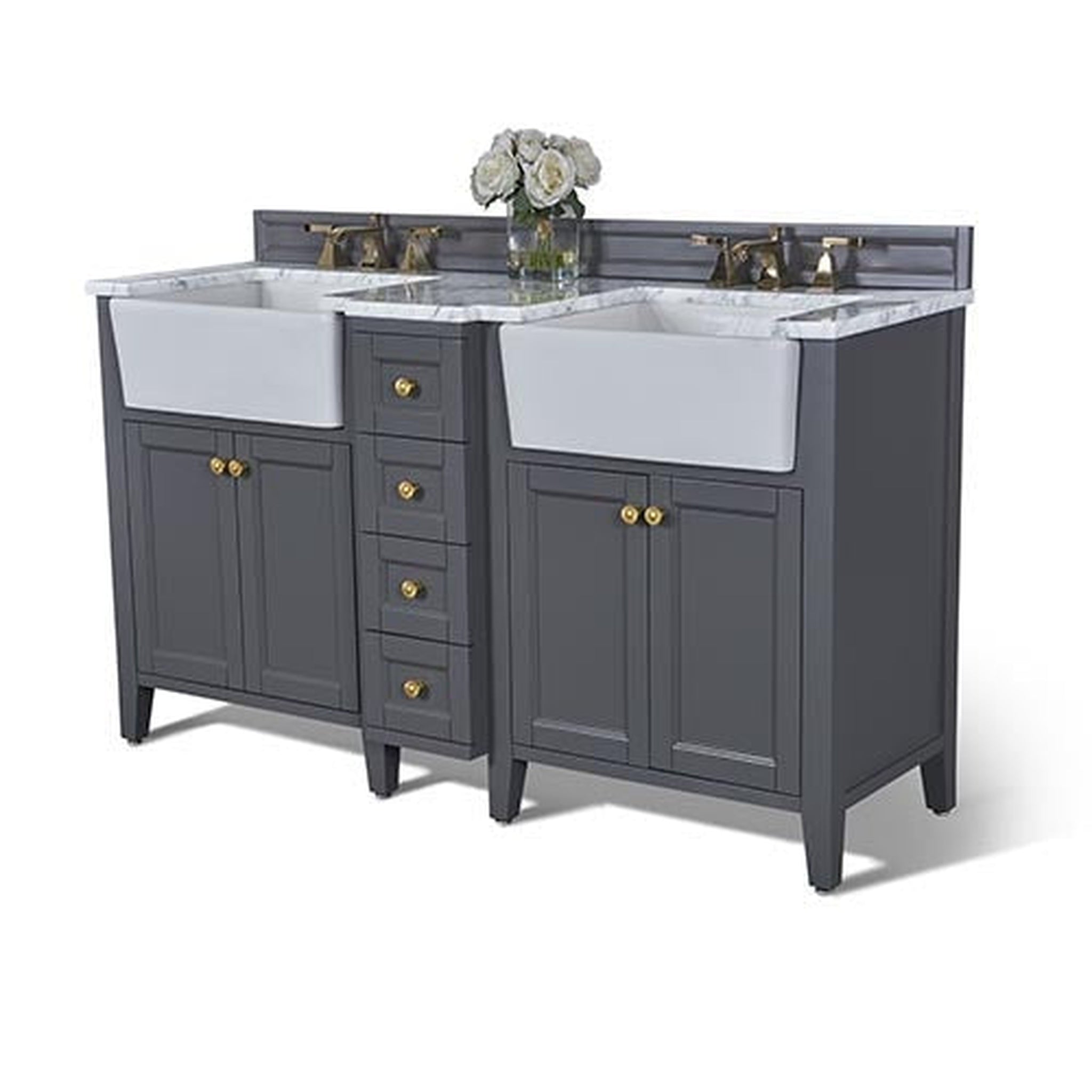 Ancerre Designs, Ancerre Designs Adeline 60" Sapphire Gray 4-Door 4-Drawer Bathroom Vanity With White Marble Vanity Top, White Farmhouse Double Ceramic Sinks, 4" Solid Wood Backsplash and Satin Brushed Gold Hardware