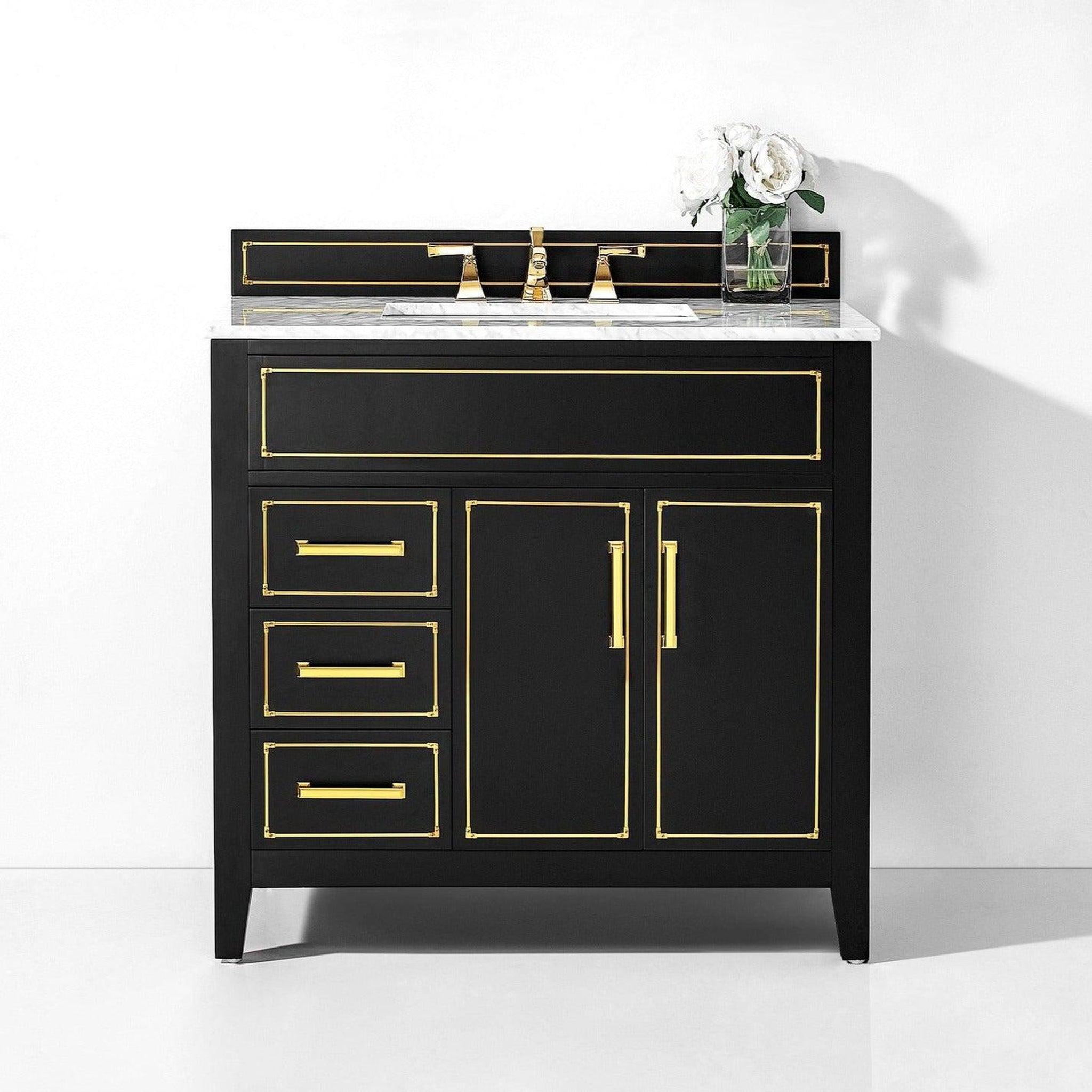 Ancerre Designs, Ancerre Designs Aspen 36" Black Onyx 2-Door 3-Drawer Bathroom Vanity With White Marble Vanity Top, Single Undermount Ceramic Sink, 4" Solid Wood Backsplash and Satin Brushed Gold Hardware