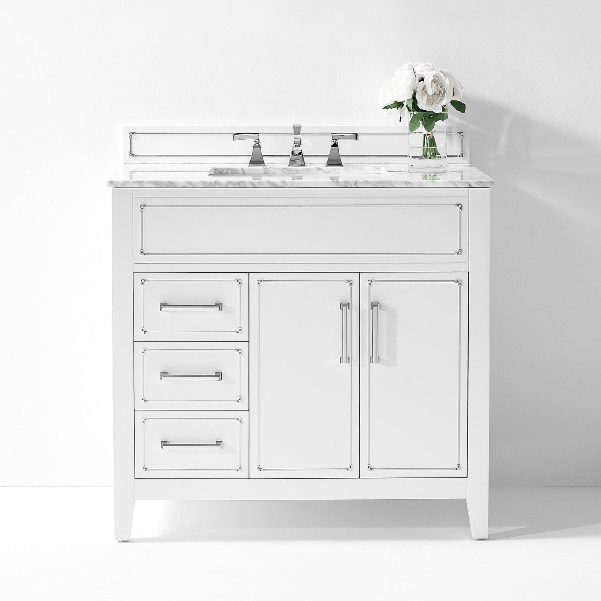 Ancerre Designs, Ancerre Designs Aspen 36" White 2-Door 3-Drawer Bathroom Vanity With White Marble Vanity Top, Single Undermount Ceramic Sink, 4" Solid Wood Backsplash and Chrome Hardware