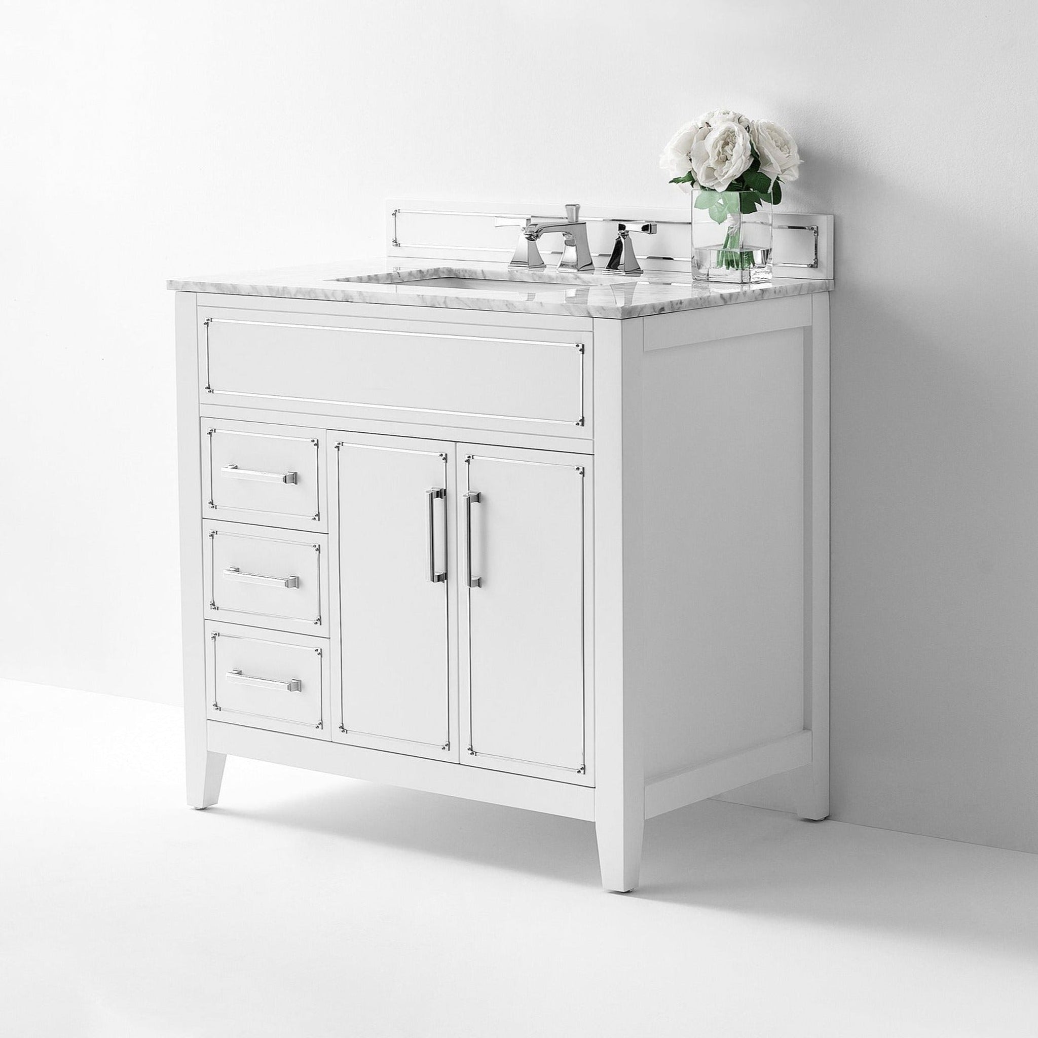 Ancerre Designs, Ancerre Designs Aspen 36" White 2-Door 3-Drawer Bathroom Vanity With White Marble Vanity Top, Single Undermount Ceramic Sink, 4" Solid Wood Backsplash and Chrome Hardware