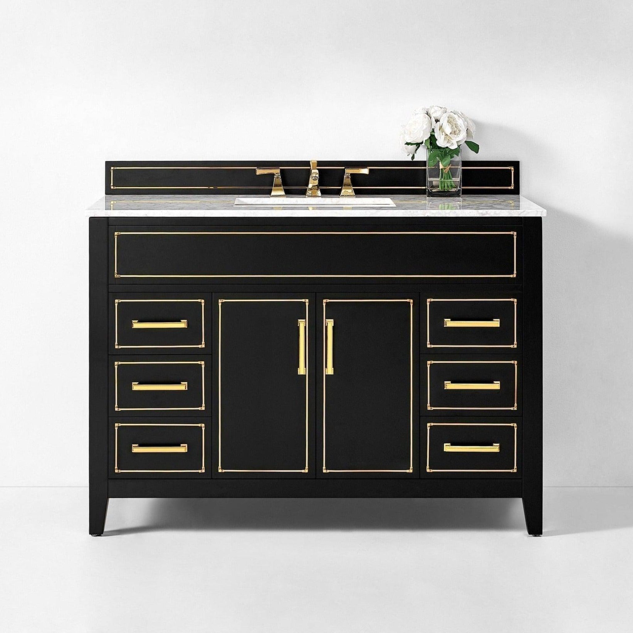 Ancerre Designs, Ancerre Designs Aspen 48" Black Onyx 2-Door 6-Drawer Bathroom Vanity With White Marble Vanity Top, Single Undermount Ceramic Sink, 4" Solid Wood Backsplash and Satin Brushed Gold Hardware