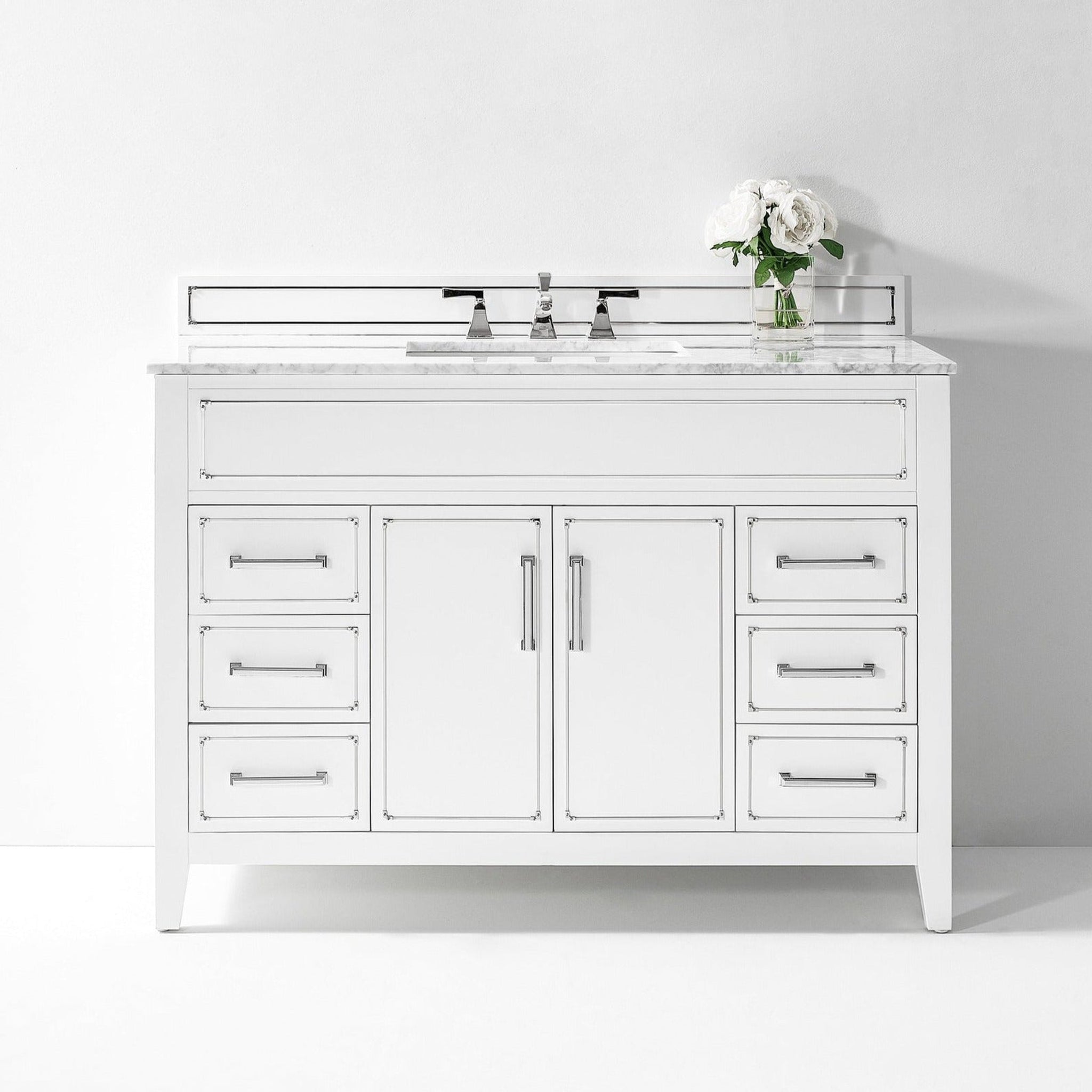 Ancerre Designs, Ancerre Designs Aspen 48" White 2-Door 6-Drawer Bathroom Vanity With White Marble Vanity Top, Single Undermount Ceramic Sink, 4" Solid Wood Backsplash and Chrome Hardware