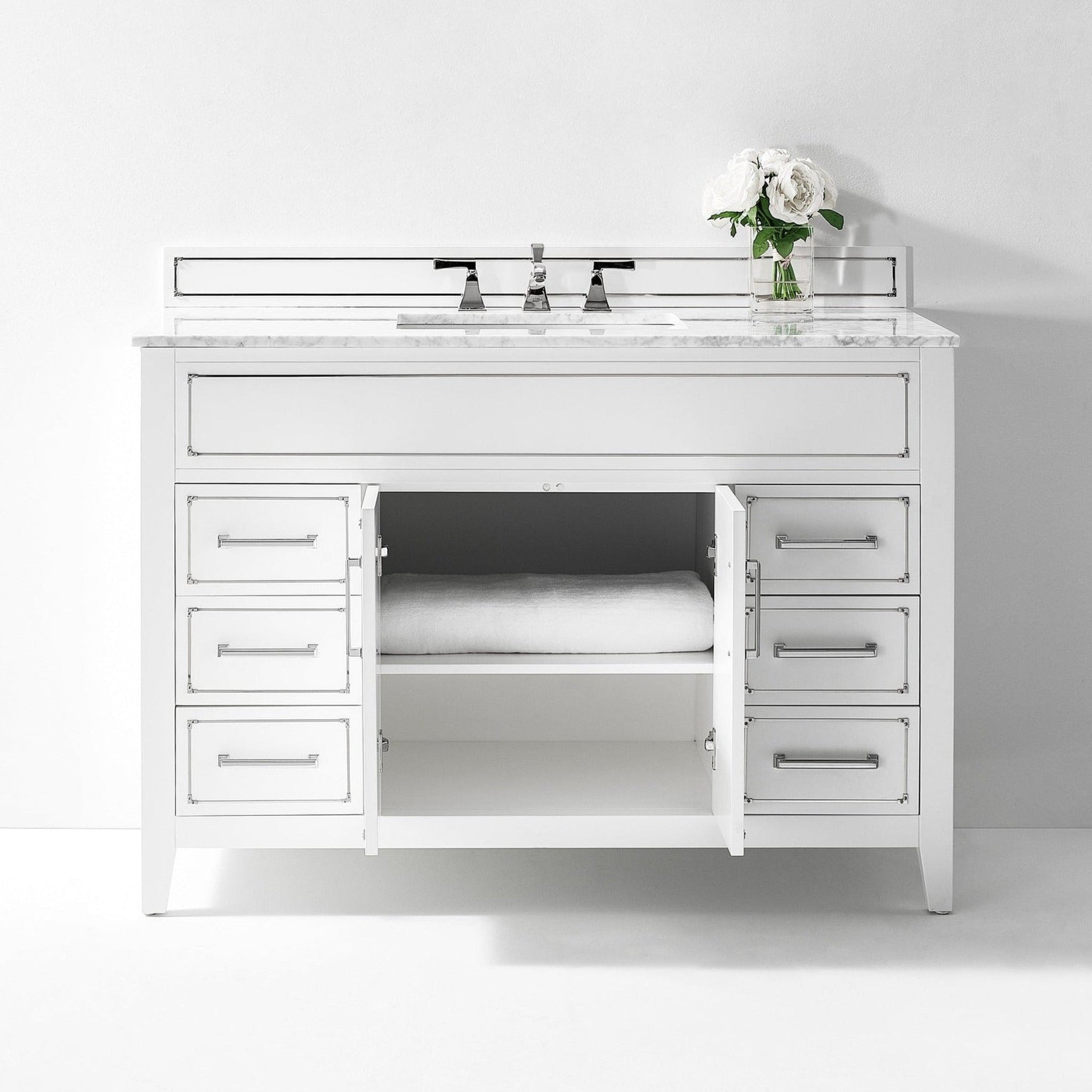 Ancerre Designs, Ancerre Designs Aspen 48" White 2-Door 6-Drawer Bathroom Vanity With White Marble Vanity Top, Single Undermount Ceramic Sink, 4" Solid Wood Backsplash and Chrome Hardware