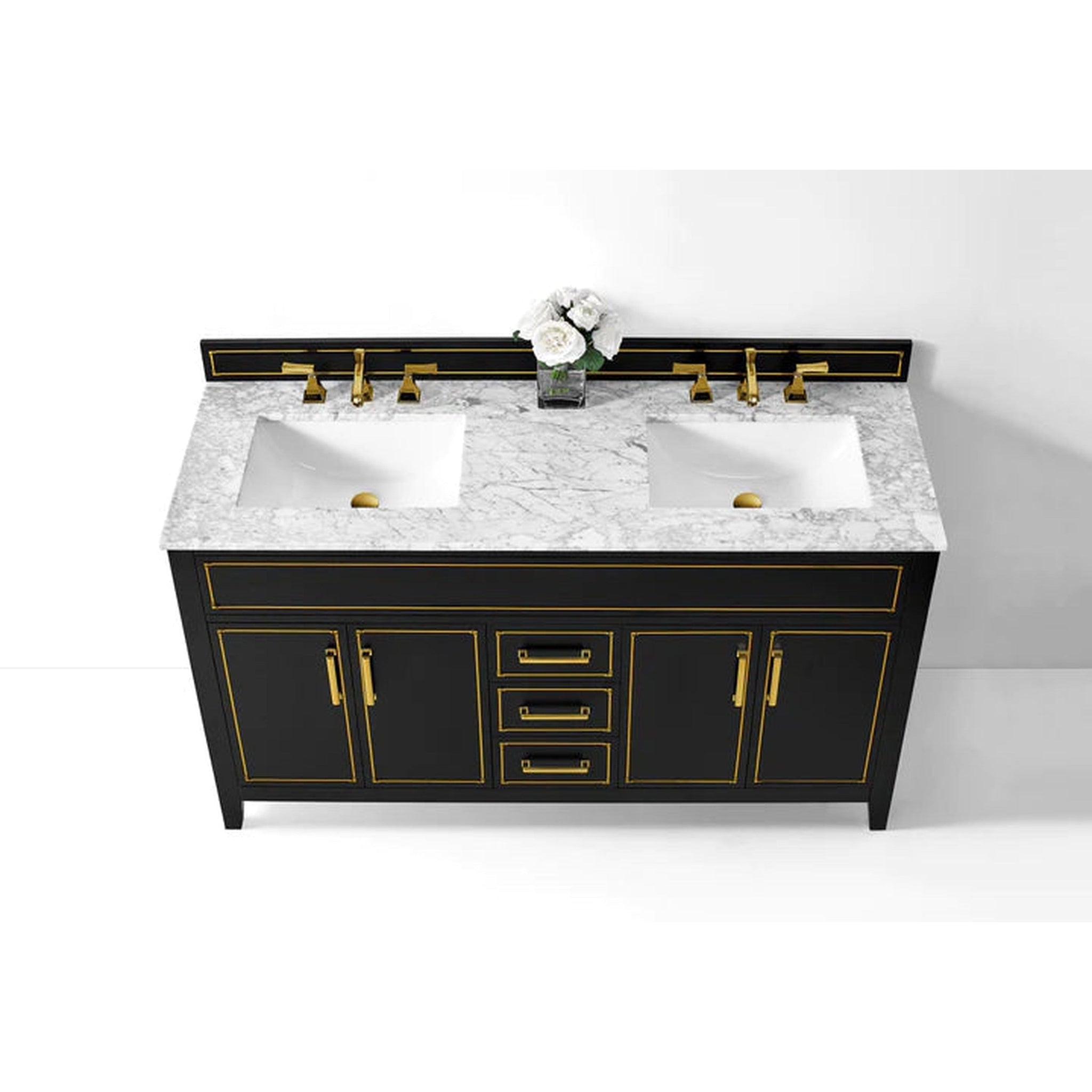 Ancerre Designs, Ancerre Designs Aspen 60" Black Onyx 4-Door 3-Drawer Bathroom Vanity Set With White Marble Vanity Top, Double Undermount Ceramic Sinks, 4" Solid Wood Backsplash and Satin Brushed Gold Hardware