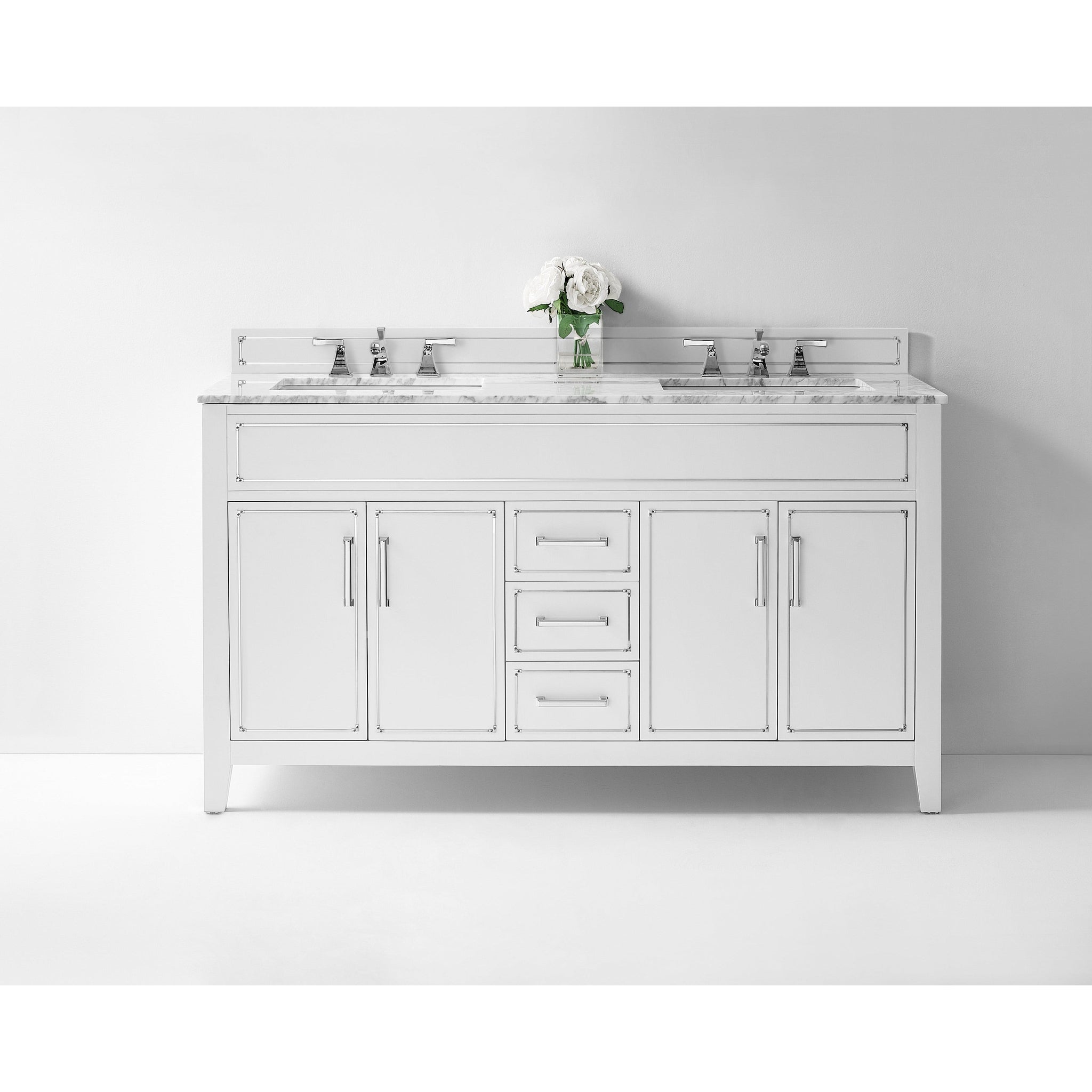 Ancerre Designs, Ancerre Designs Aspen 60" White 4-Door 3-Drawer Bathroom Vanity Set With White Marble Vanity Top, Double Undermount Ceramic Sinks, 4" Solid Wood Backsplash and Chrome Hardware