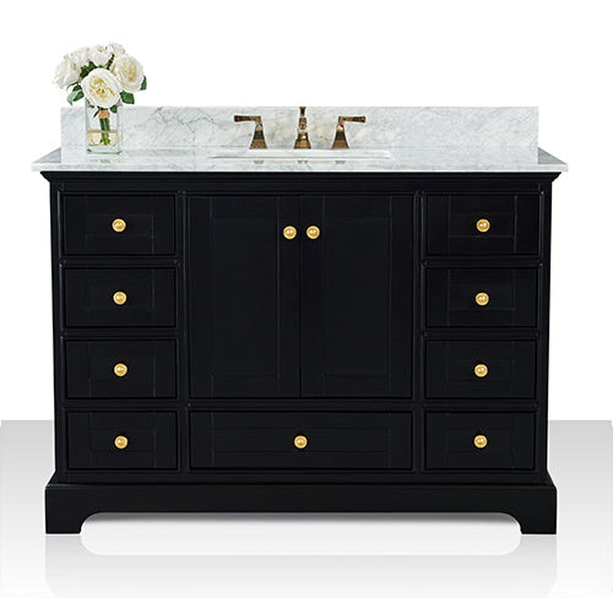 Ancerre Designs, Ancerre Designs Audrey 48" Black Onyx 2-Door 9-Drawer Bathroom Vanity With White Marble Vanity Top, Single Undermount Ceramic Sink, 4" Solid Wood Backsplash and Satin Brushed Gold Hardware