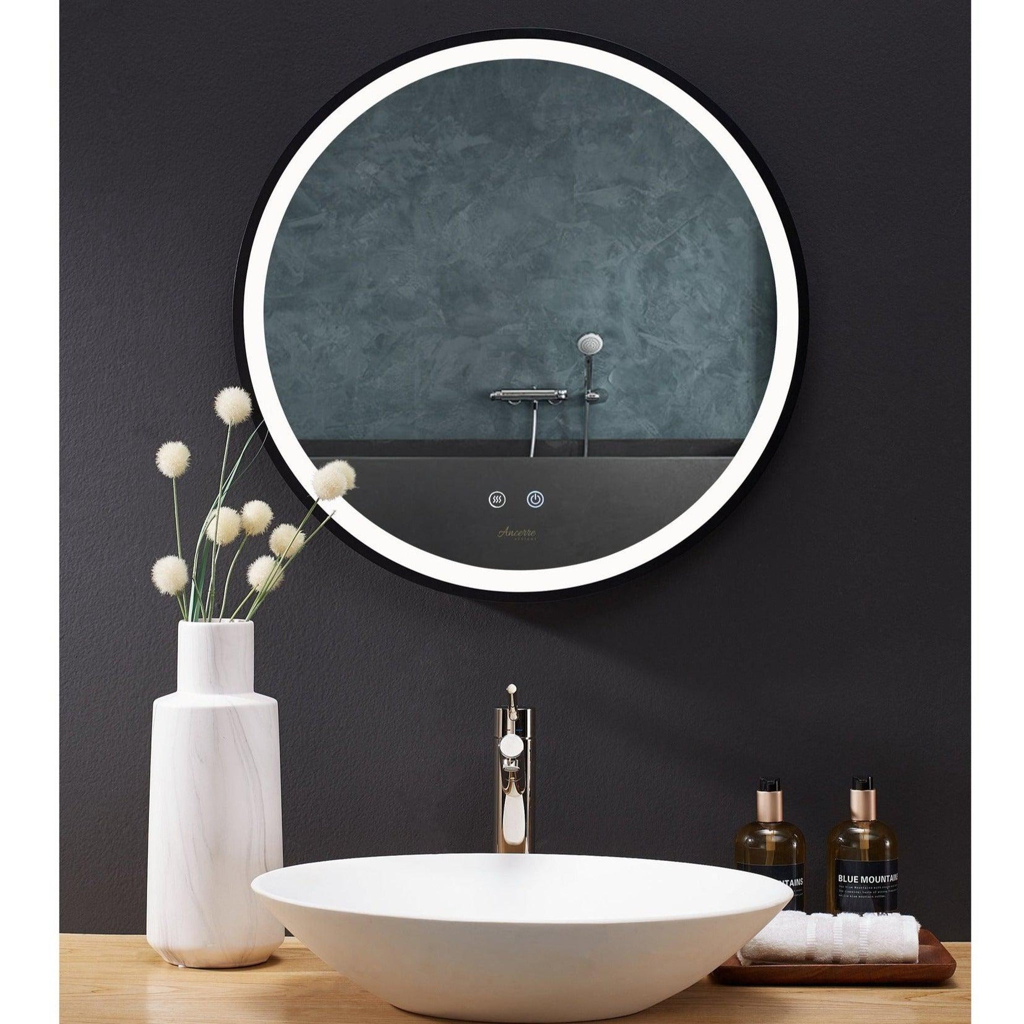 Ancerre Designs, Ancerre Designs Cirque 24" Modern Round LED Lighted Black Framed Bathroom Vanity Mirror With Defogger, Dimmer and Mounting Hardware