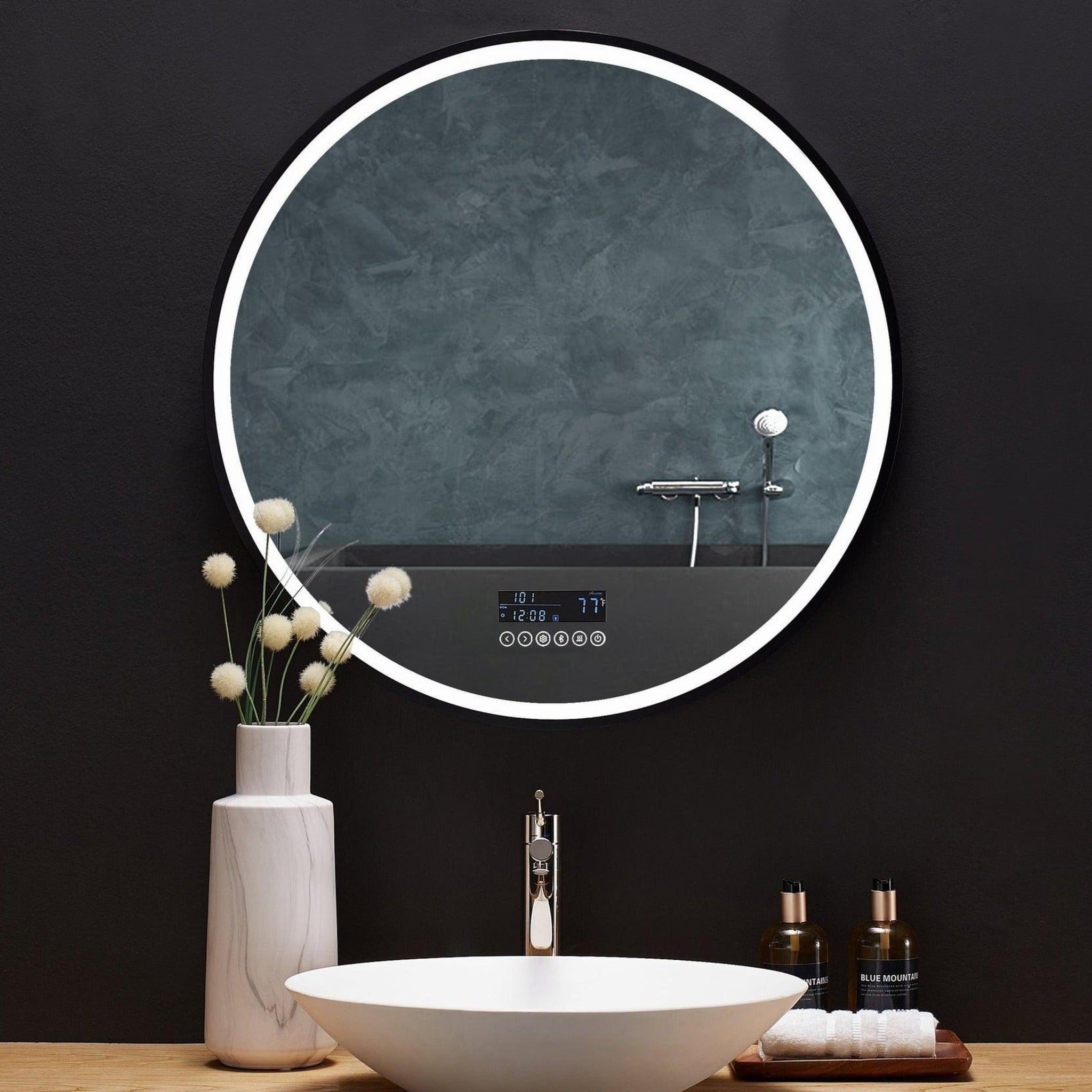 Ancerre Designs, Ancerre Designs Cirque 30" Modern Round LED Lighted Black Framed Bathroom Vanity Mirror With Defogger, Dimmer, Bluetooth and Mounting Hardware