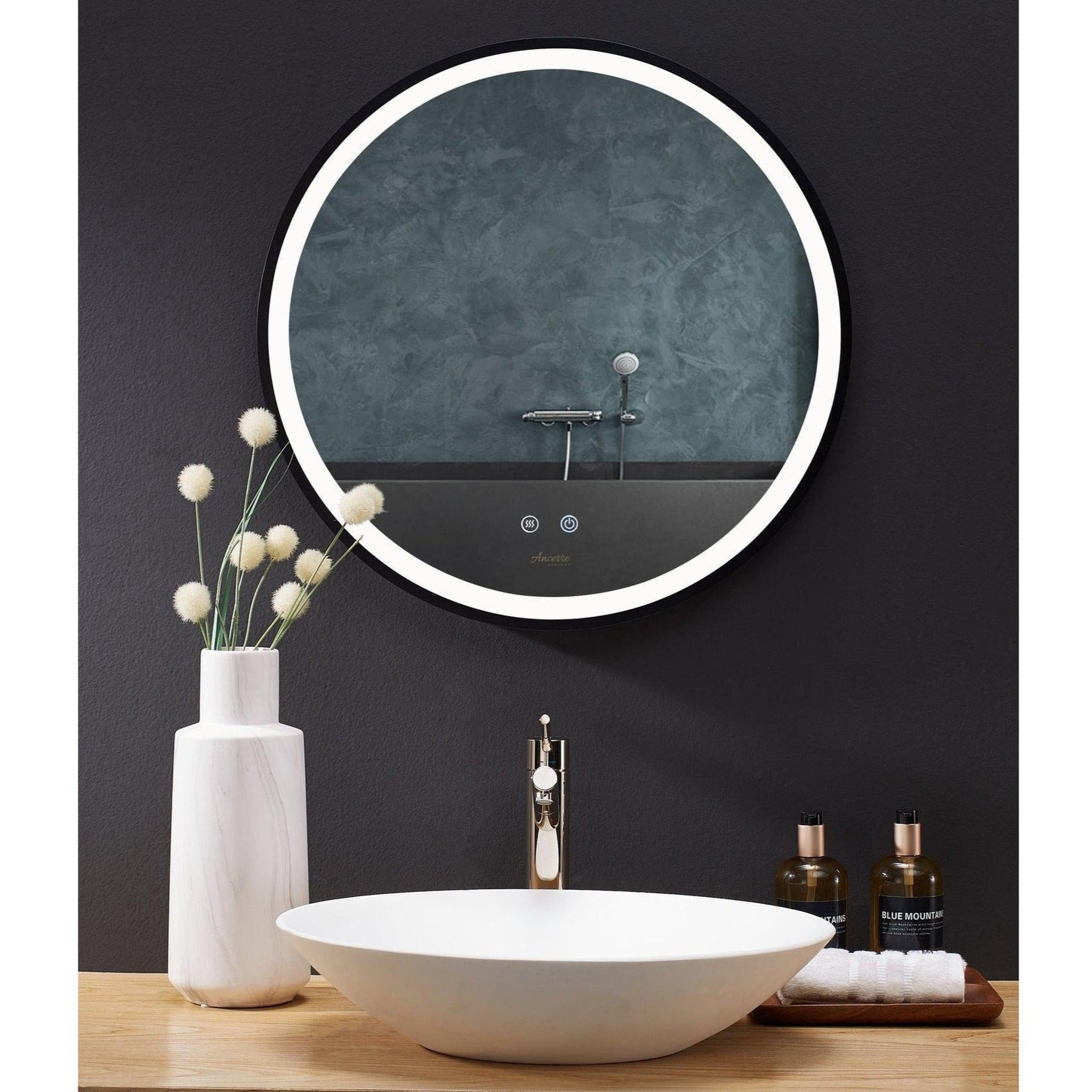 Ancerre Designs, Ancerre Designs Cirque 30" Modern Round LED Lighted Black Framed Bathroom Vanity Mirror With Defogger, Dimmer and Mounting Hardware