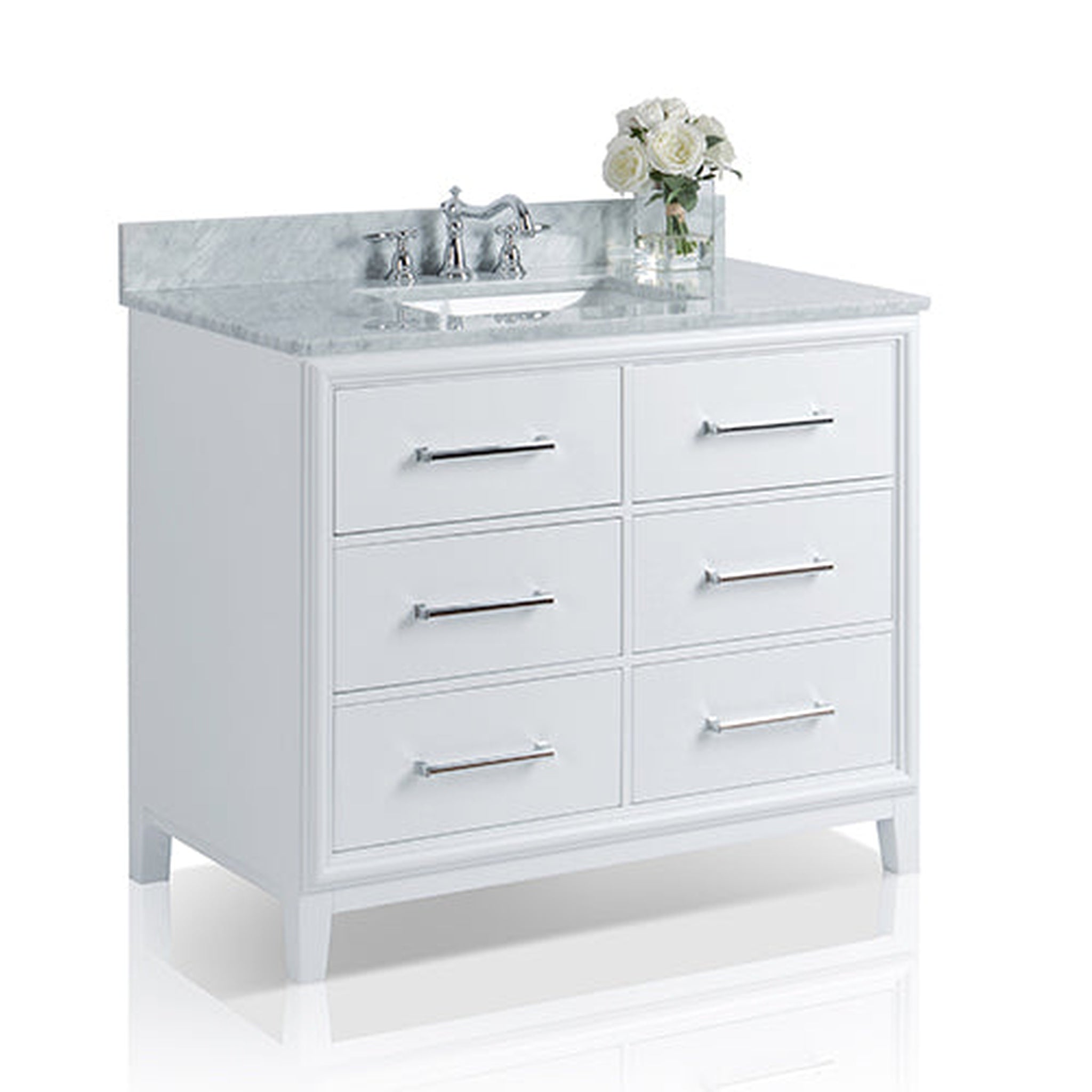 Ancerre Designs, Ancerre Designs Ellie 42" White 6-Drawer Bathroom Vanity With Italian Carrara White Marble Vanity Top, Single Rectangular Undermount Ceramic Sink, 4" Solid Wood Backsplash and Polished Chrome Hardware